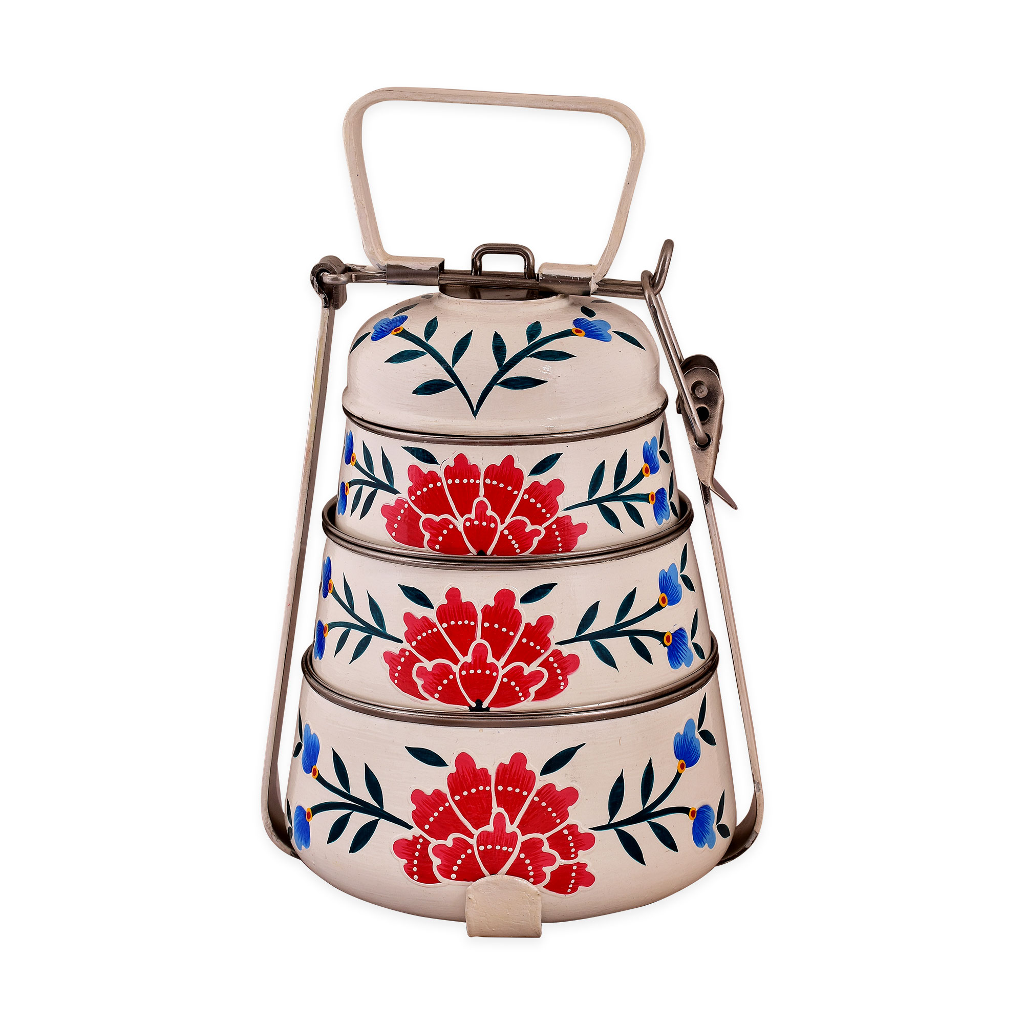Hand Painted Steel Pyramid Tiffin- 3 Container: White & Pink Floral