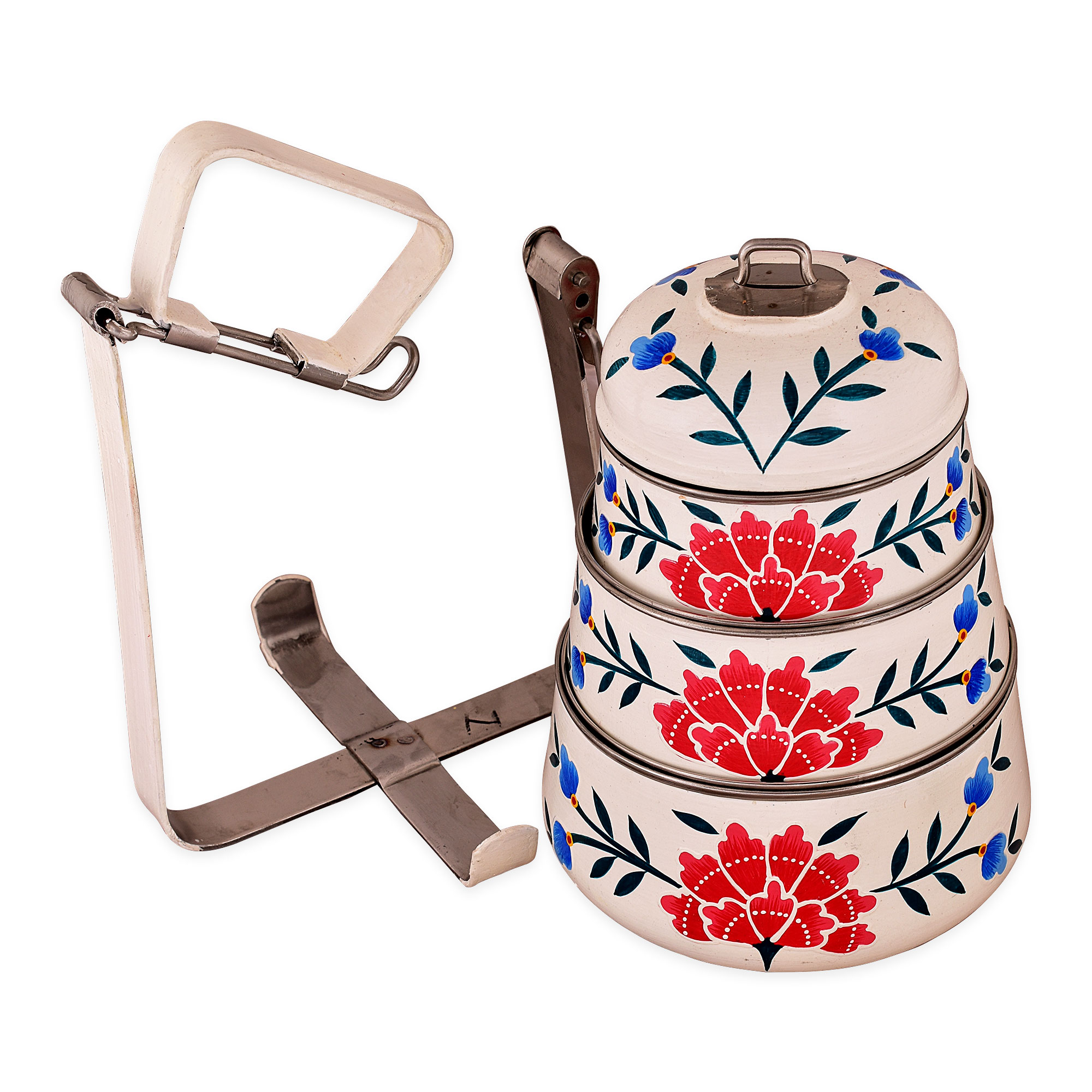Hand Painted Steel Pyramid Tiffin- 3 Container: White & Pink Floral