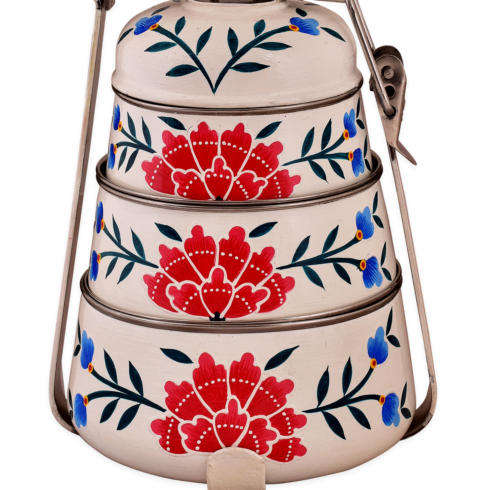 Hand Painted Steel Pyramid Tiffin- 3 Container: White & Pink Floral Hand Painted Steel Pyramid Tiffin- 3 Container: White & Pink Floral
