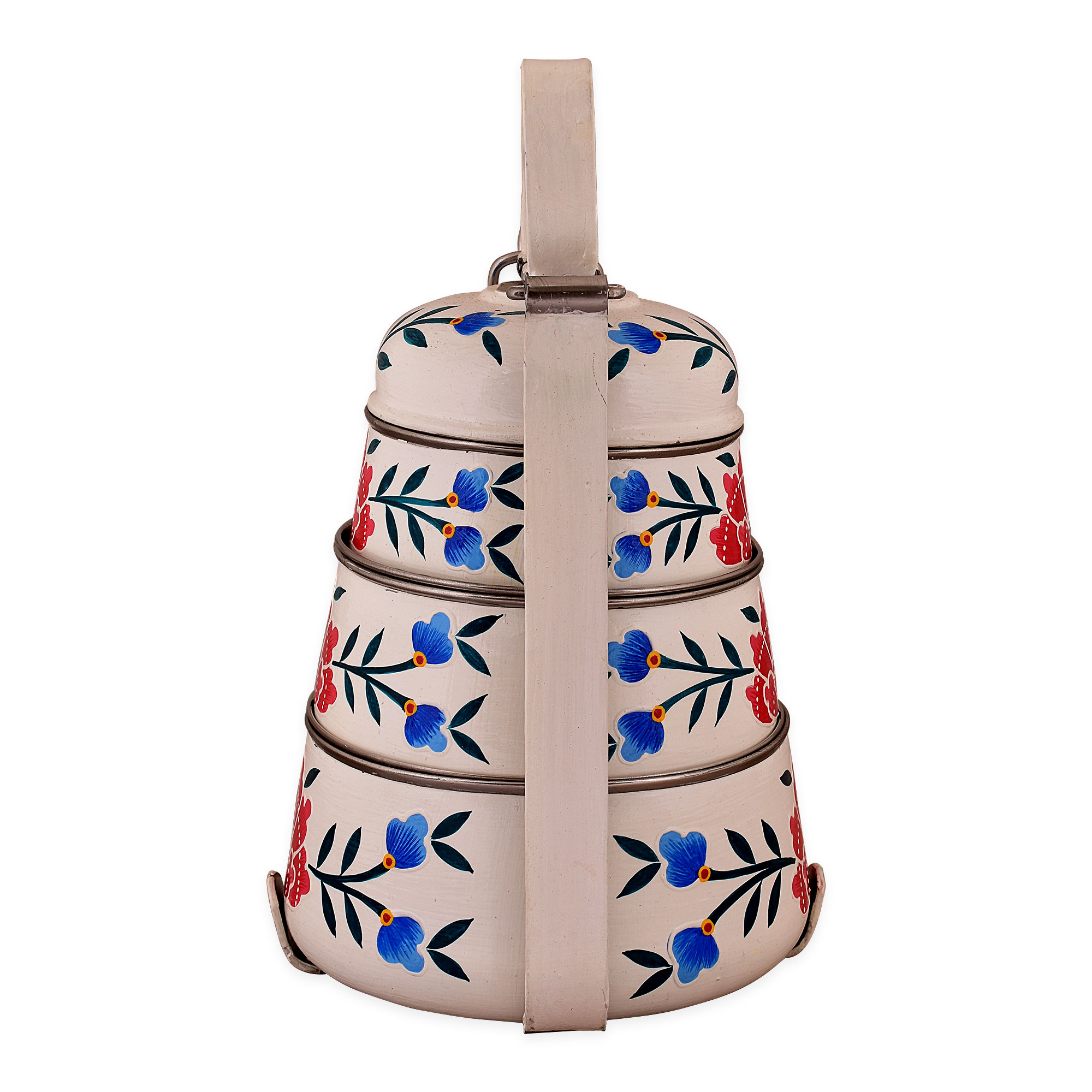 Hand Painted Steel Pyramid Tiffin- 3 Container: White & Pink Floral