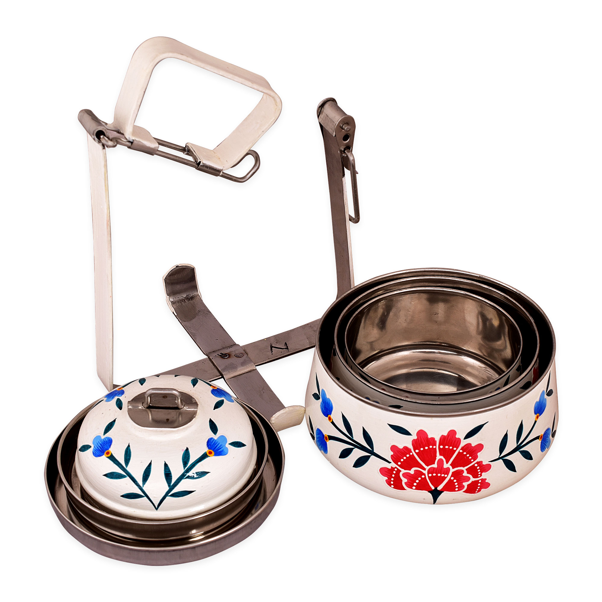 Hand Painted Steel Pyramid Tiffin- 3 Container: White & Pink Floral