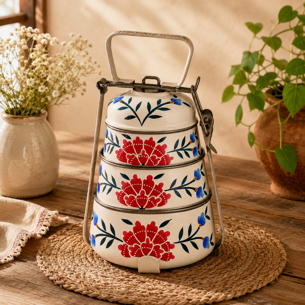 Hand Painted Steel Pyramid Tiffin- 3 Container: White & Pink Floral