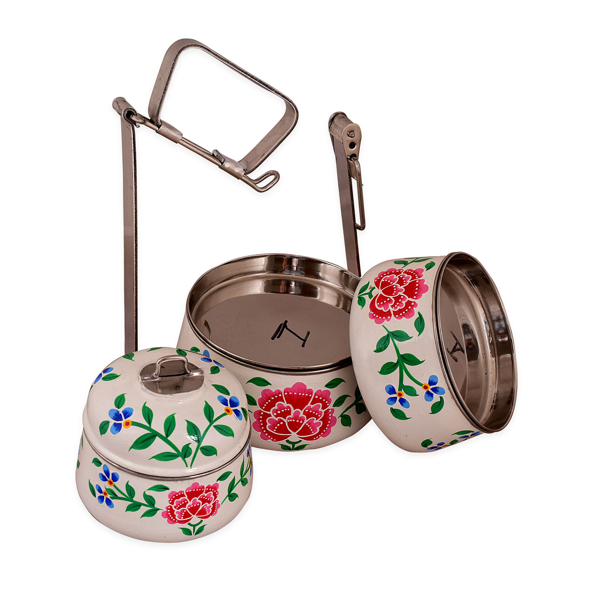 Hand Painted Steel Pyramid Tiffin- 3 Container: White Floral