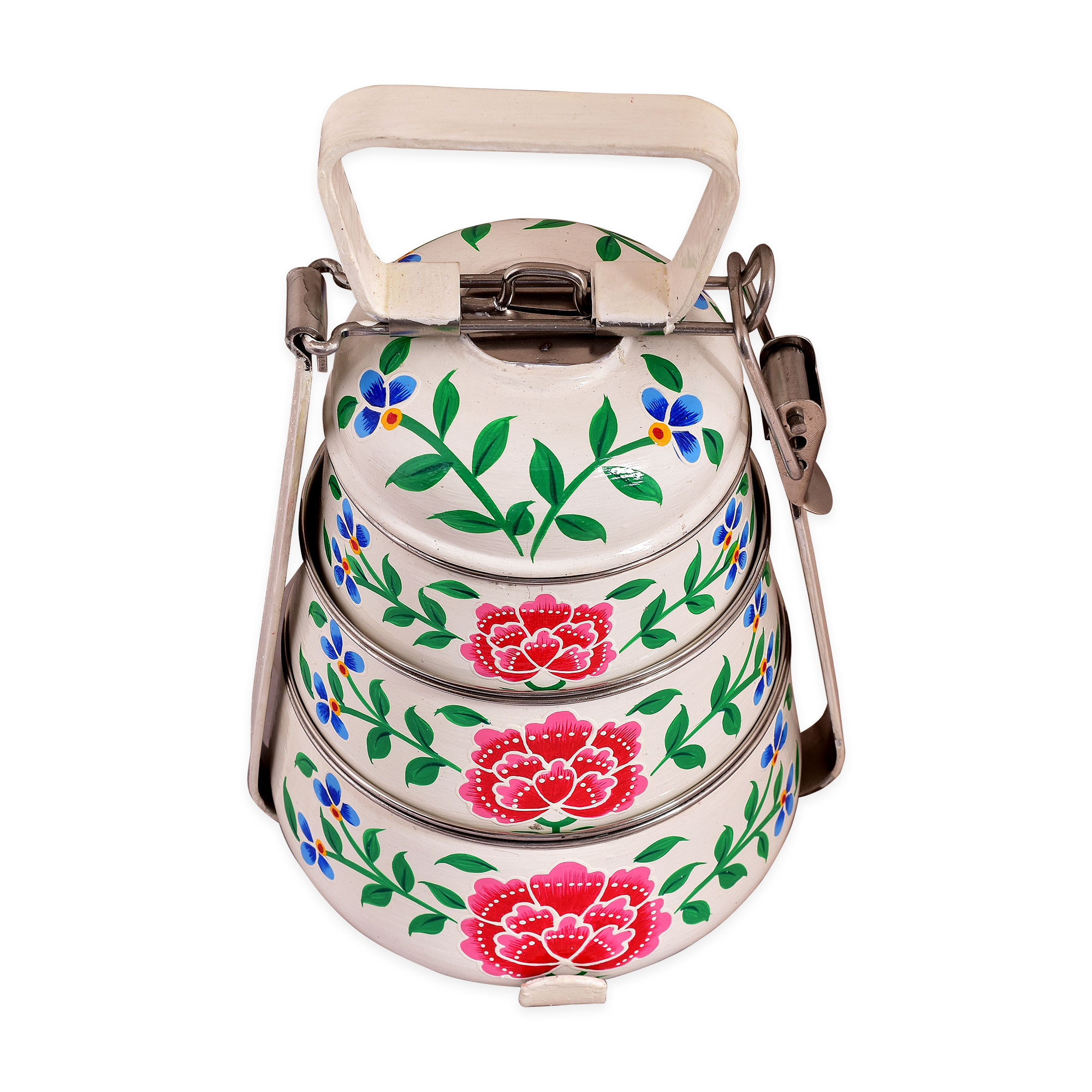 Hand Painted Steel Pyramid Tiffin- 3 Container: White Floral