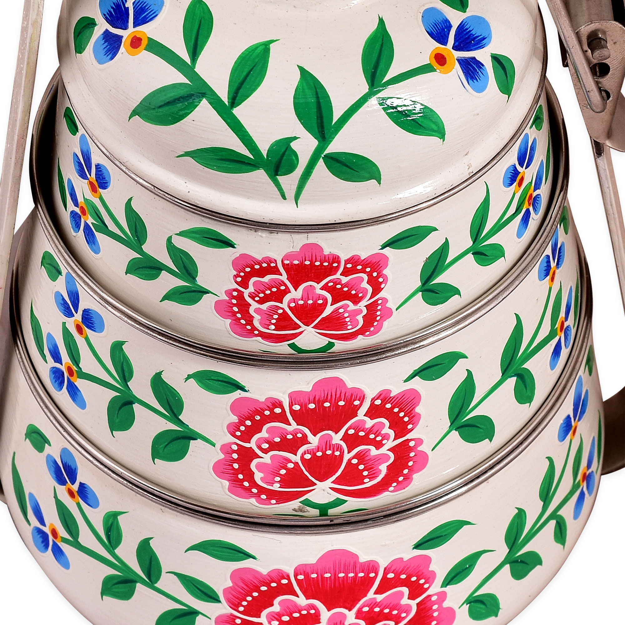 Hand Painted Steel Pyramid Tiffin- 3 Container: White Floral Hand Painted Steel Pyramid Tiffin- 3 Container: White Floral