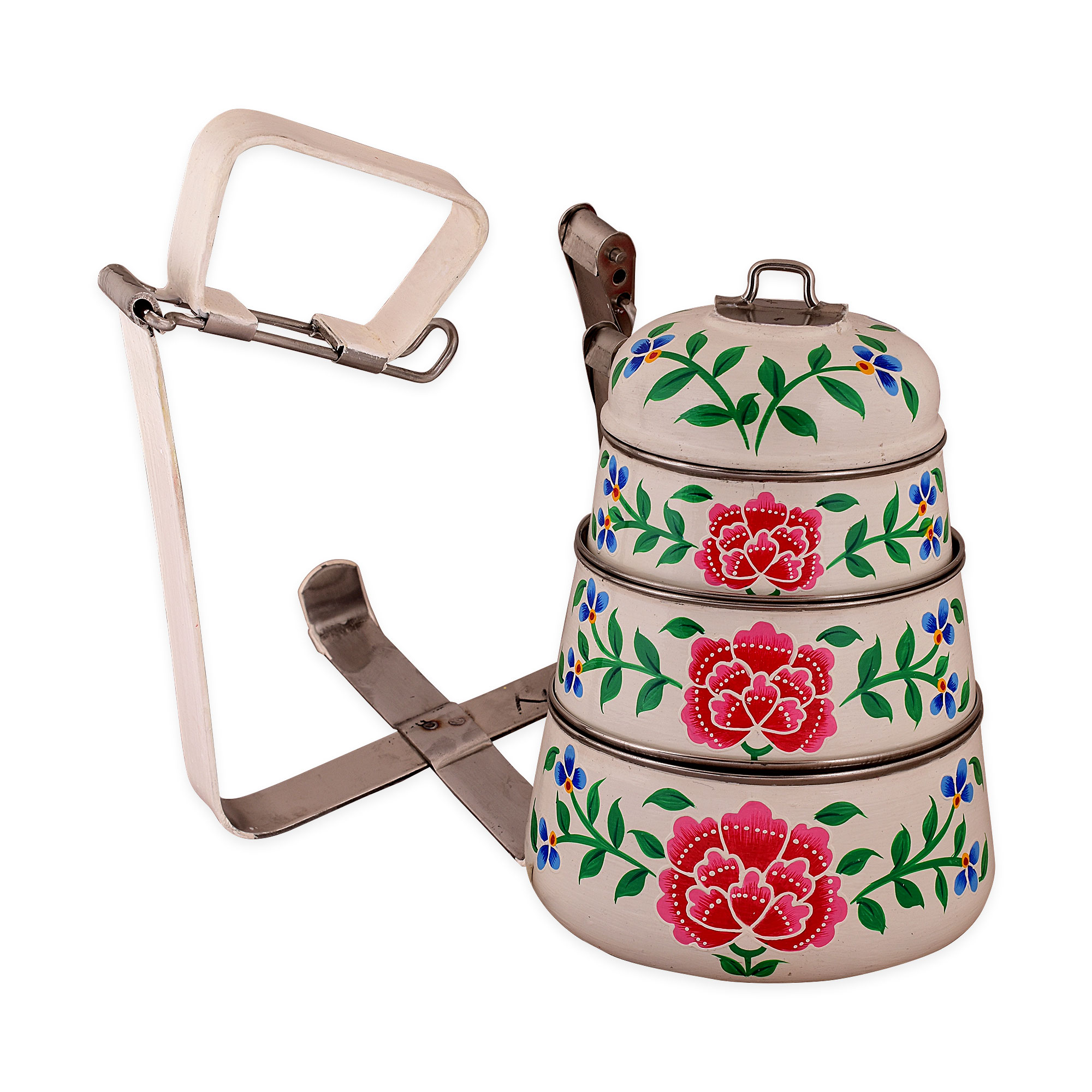 Hand Painted Steel Pyramid Tiffin- 3 Container: White Floral