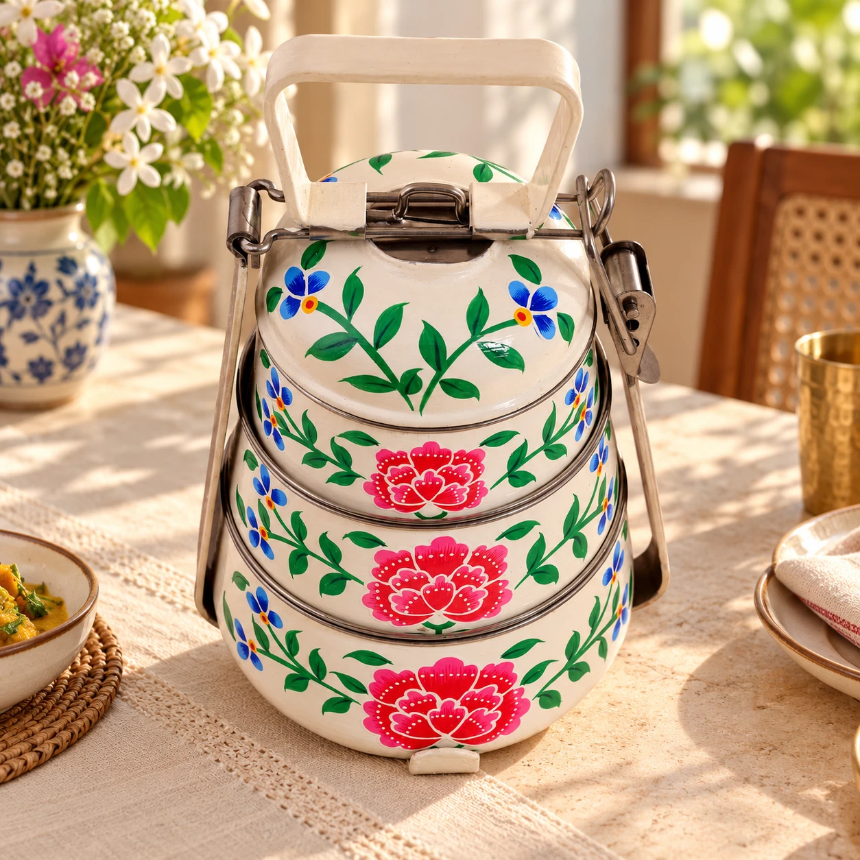 Hand Painted Steel Pyramid Tiffin- 3 Container: White Floral