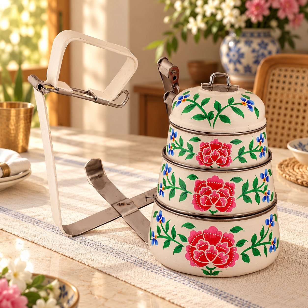 Hand Painted Steel Pyramid Tiffin- 3 Container: White Floral