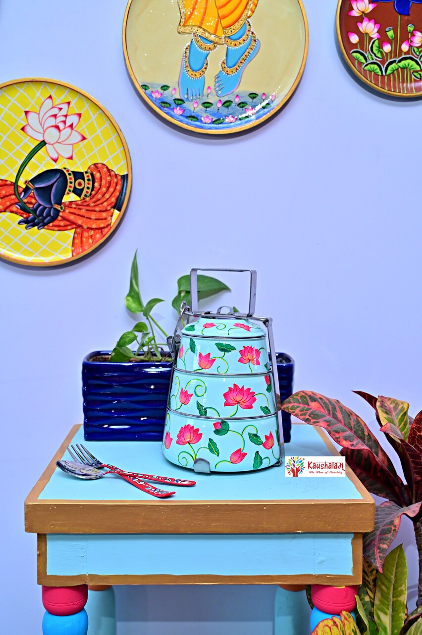 Hand Painted Steel Pyramid Tiffin- 3 Container: Pink Lotus