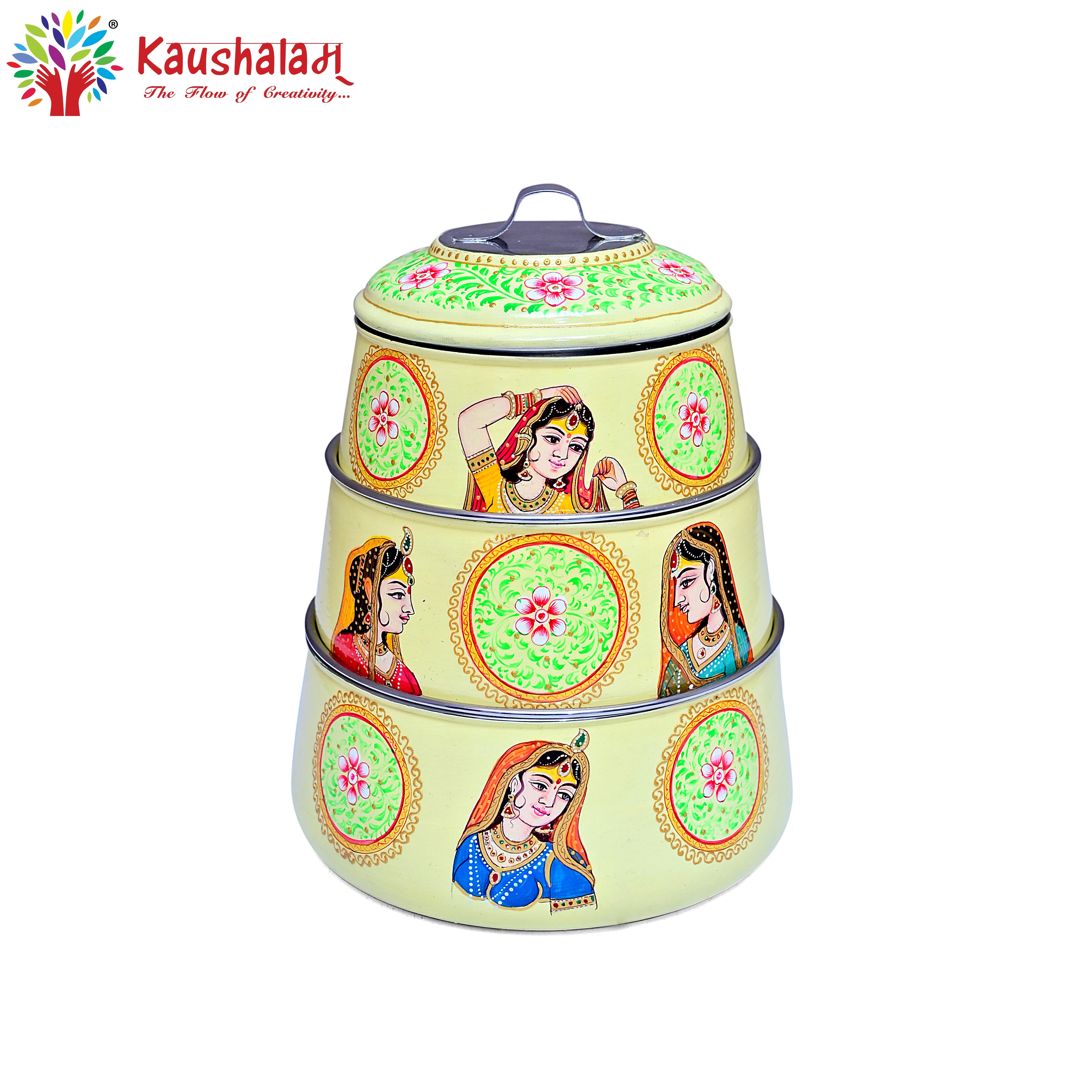 Hand Painted Steel Pyramid Tiffin- 3 Container: Bani-Thani Jaipur