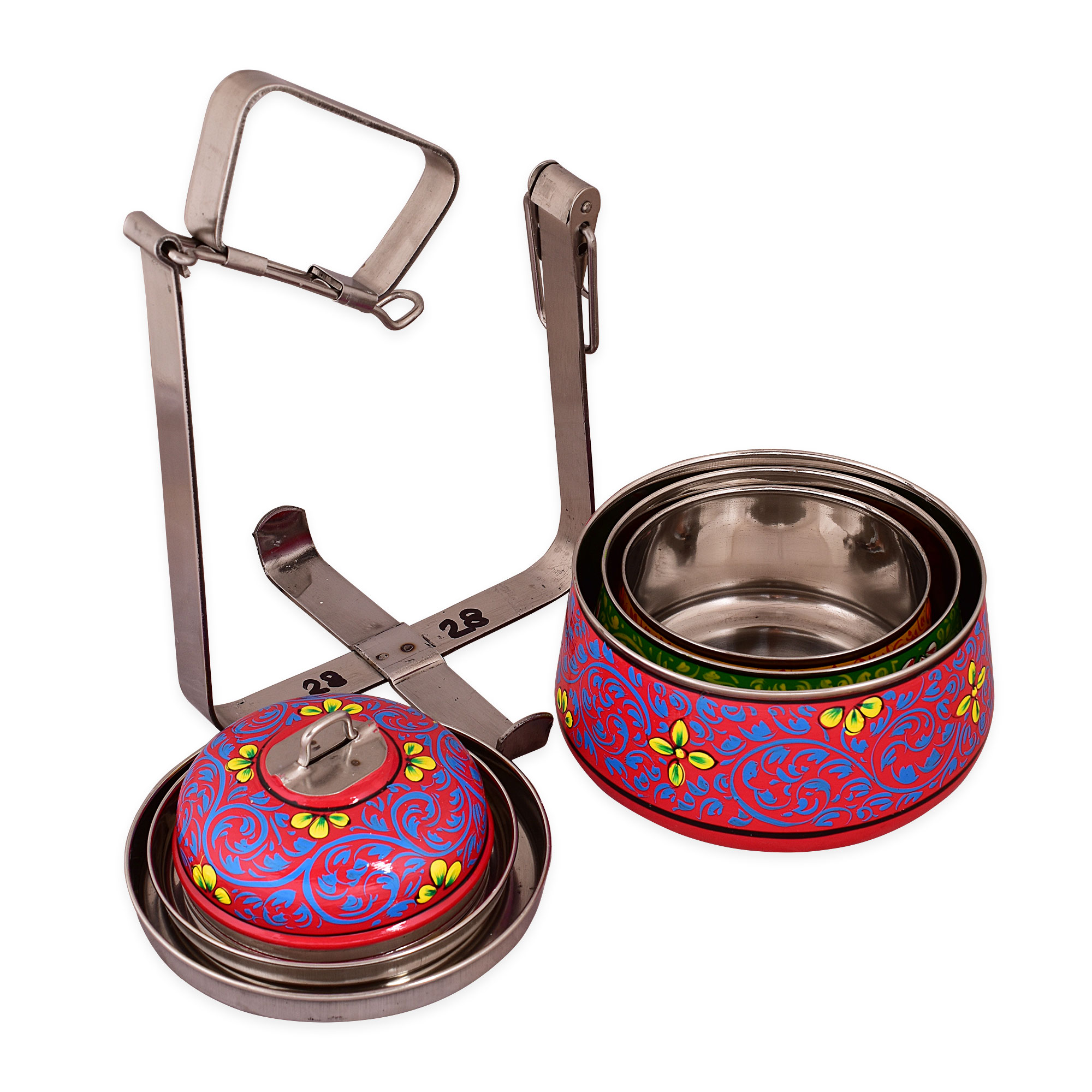 Hand Painted Steel Pyramid Tiffin- 3 Container: Color Splesh