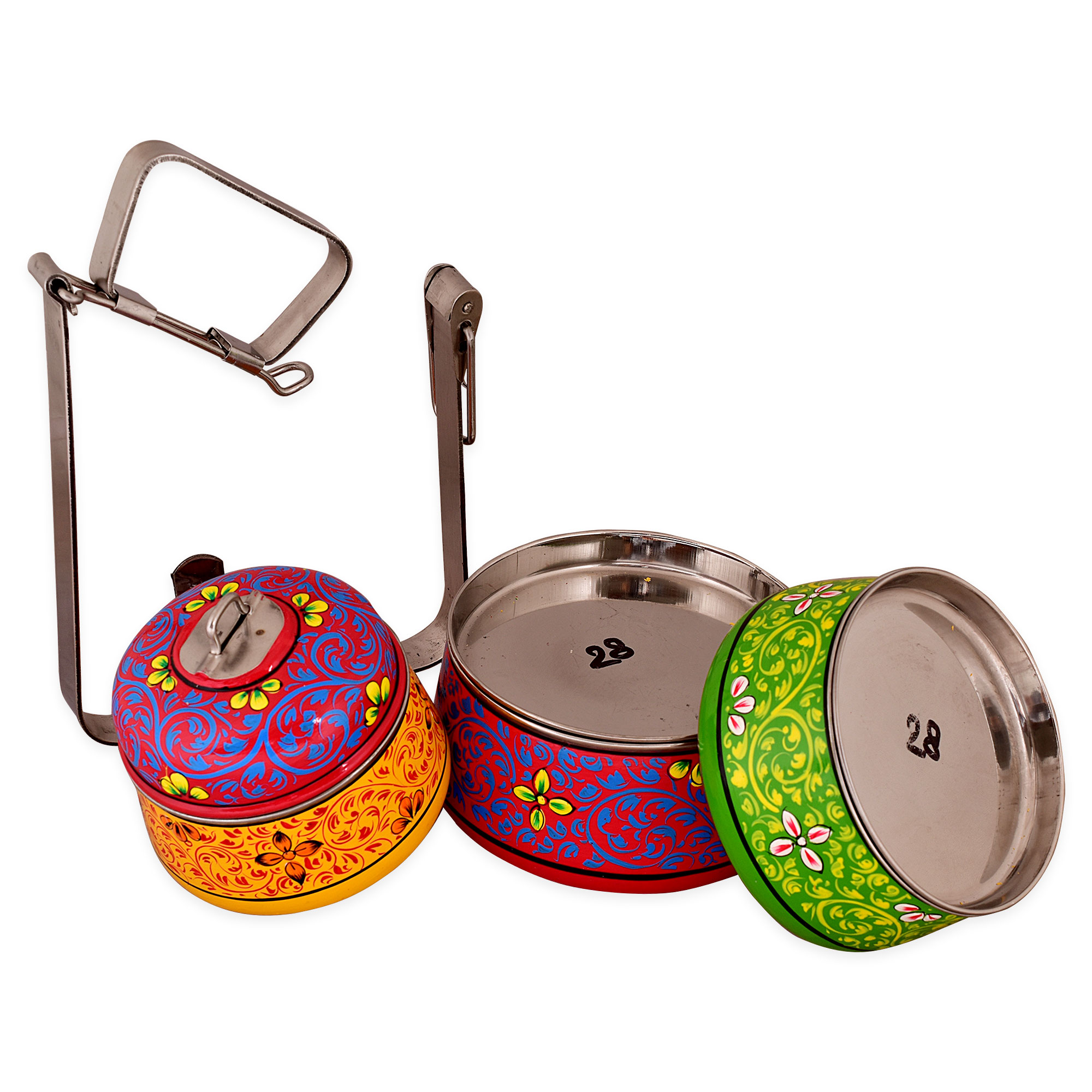 Hand Painted Steel Pyramid Tiffin- 3 Container: Color Splesh