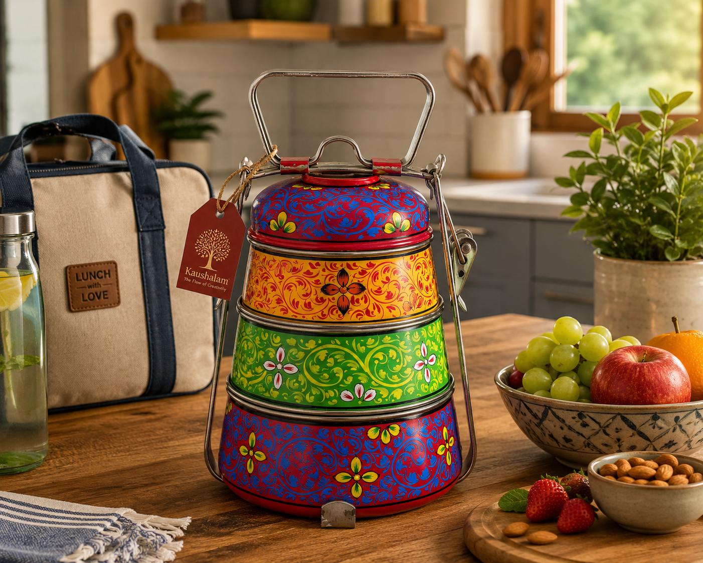 Hand Painted Steel Pyramid Tiffin- 3 Container: Color Splesh