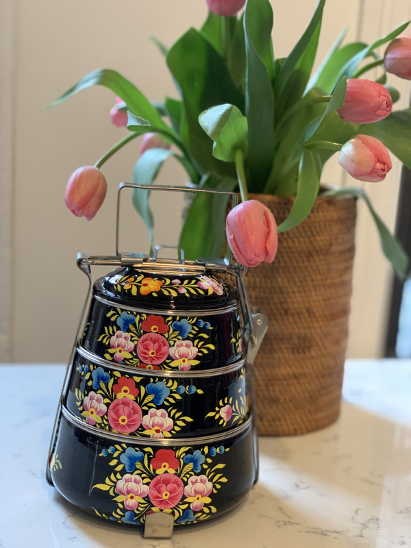Hand Painted Steel Pyramid Tiffin- 3 Container: Black Mughal Garden