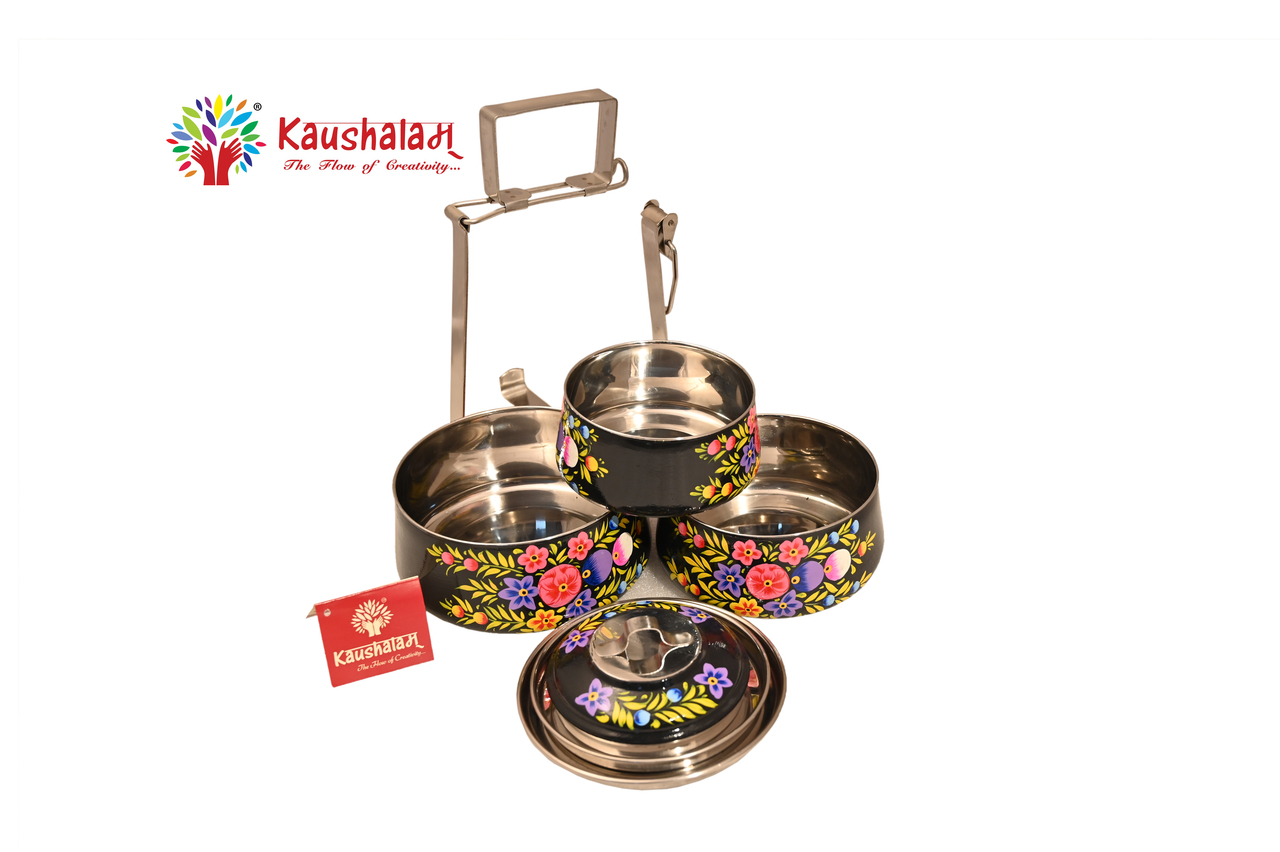 Hand Painted Steel Pyramid Tiffin- 3 Container: Black Mughal Garden