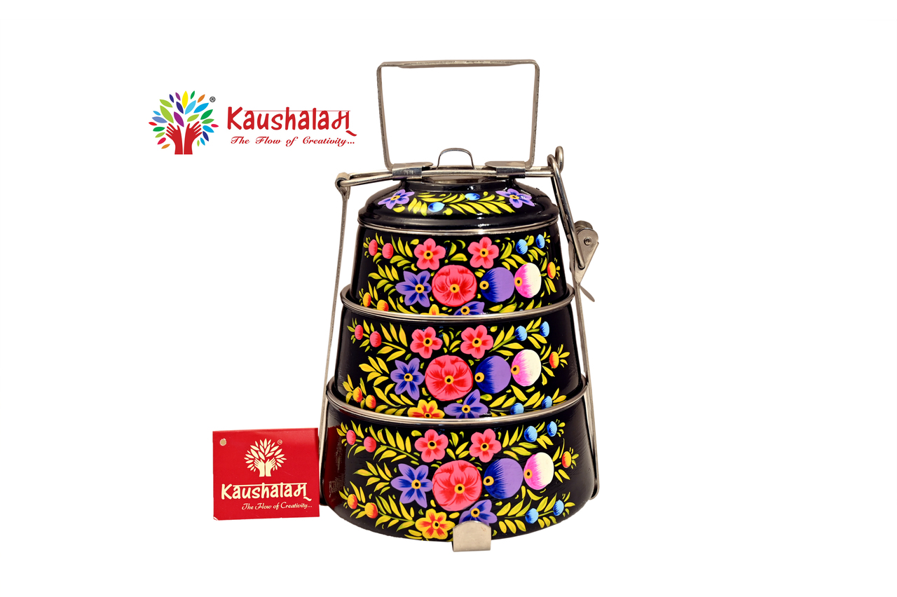 Hand Painted Steel Pyramid Tiffin- 3 Container: Black Mughal Garden