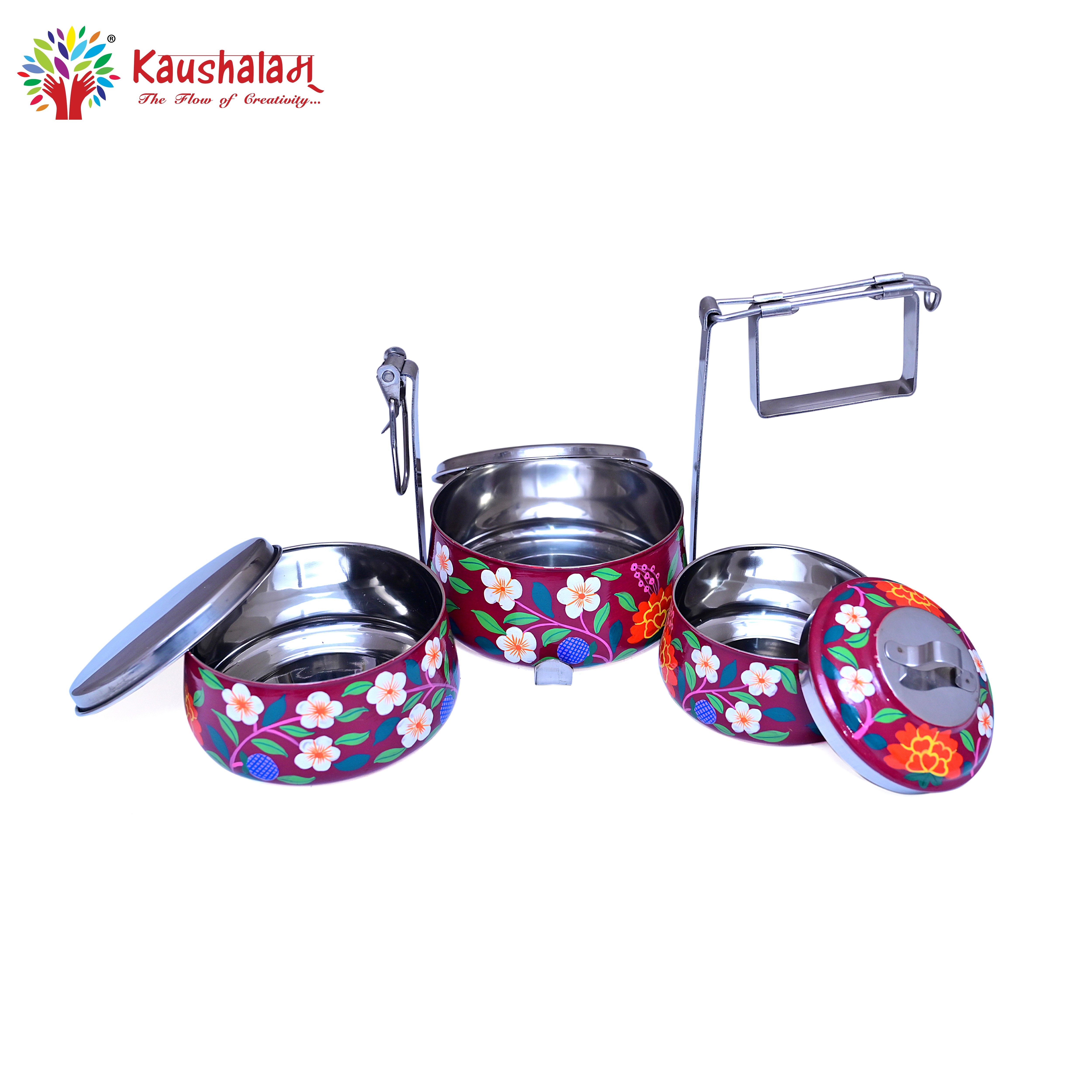 Hand Painted Steel Pyramid Tiffin- 3 Container: Orchids