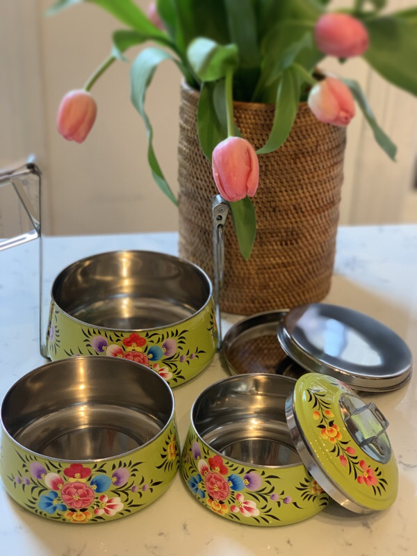 Hand Painted Steel Pyramid Tiffin- 3 Container: Soulful Green