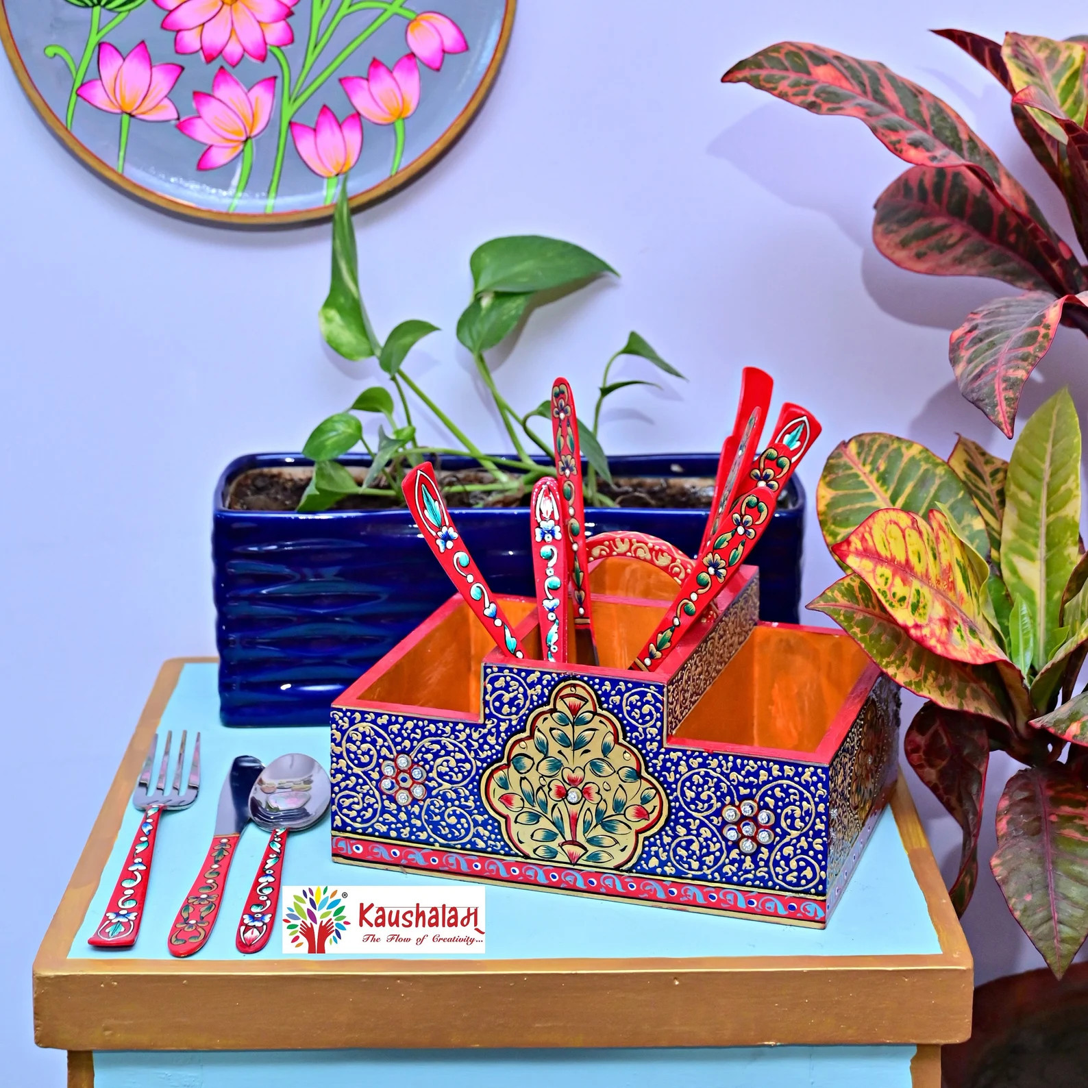 Cutlery Stand : Blue & Gold