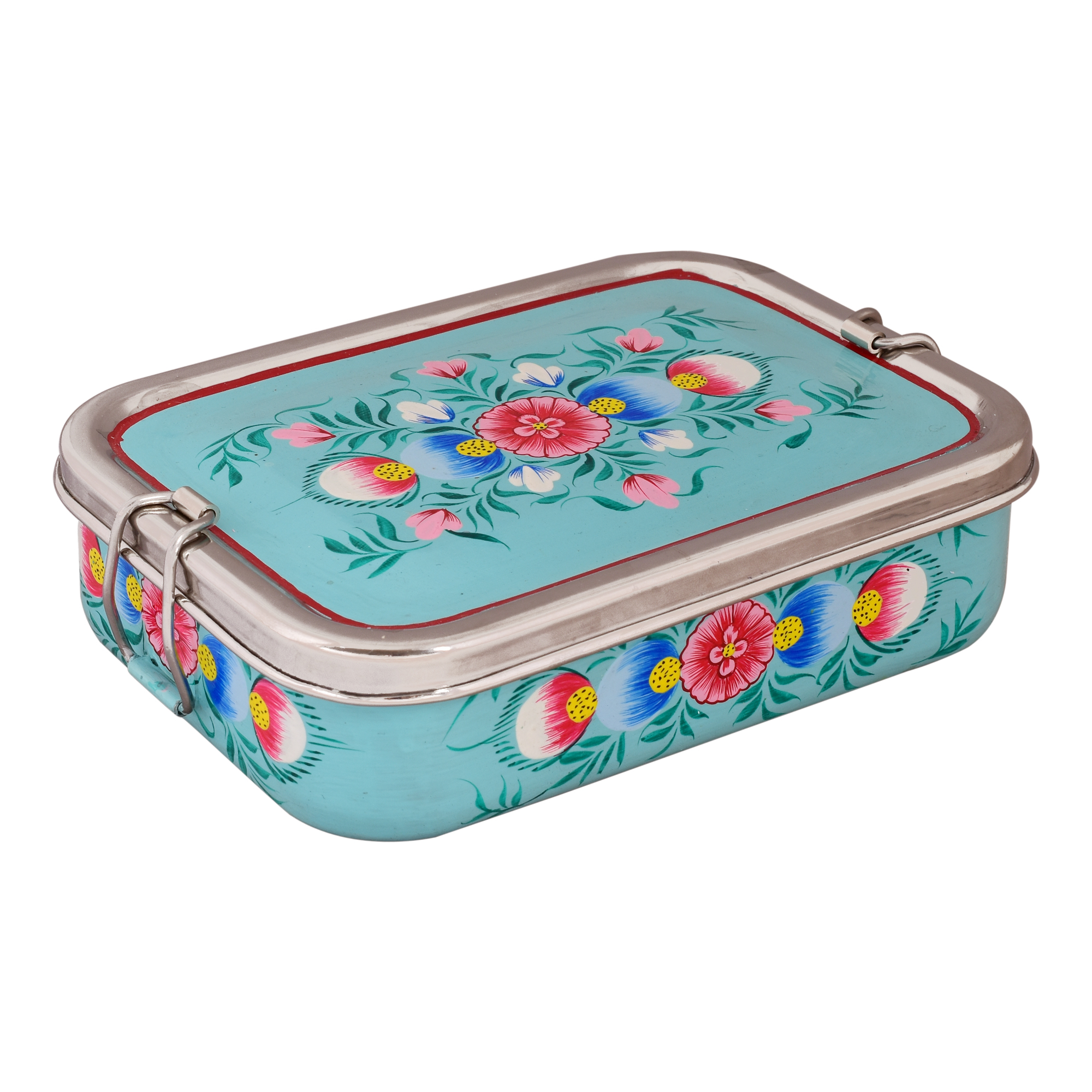 Hand Painted Steel Bento Box: Sea-Blue Tiffin, Lunch Box Hand Painted Steel Bento Box: Sea-Blue Tiffin, Lunch Box