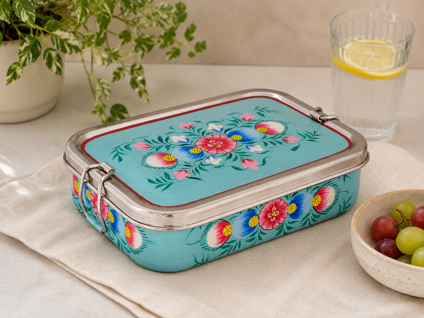 Hand Painted Steel Bento Box: Sea-Blue Tiffin, Lunch Box