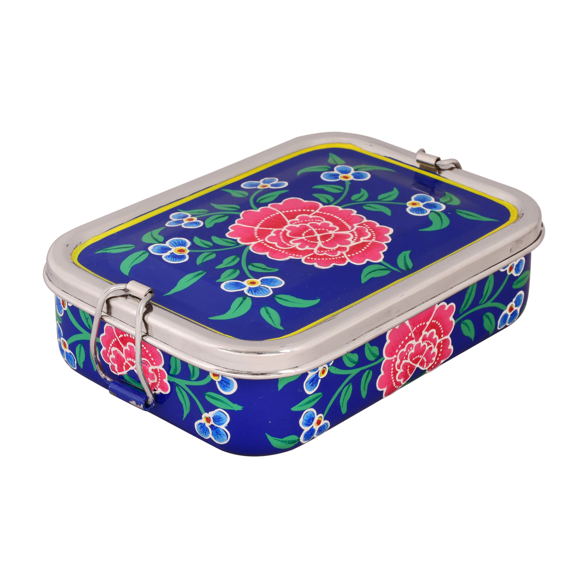 Hand Painted Steel Bento Box: Blue Tiffin, Lunch Box Hand Painted Steel Bento Box: Blue Tiffin, Lunch Box