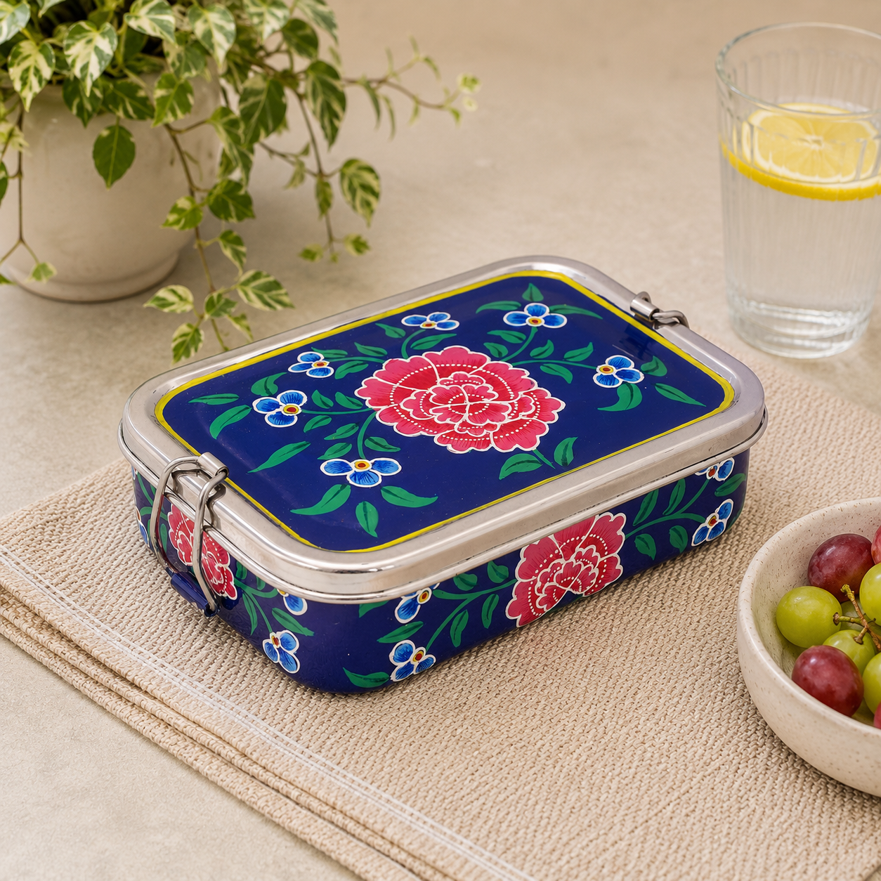 Hand Painted Steel Bento Box: Blue Tiffin, Lunch Box