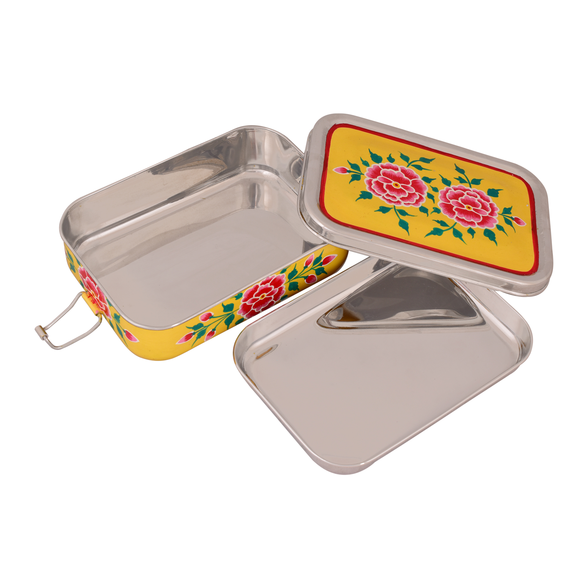 Hand Painted Steel Bento Box: Yellow Floral Tiffin, Lunch Box
