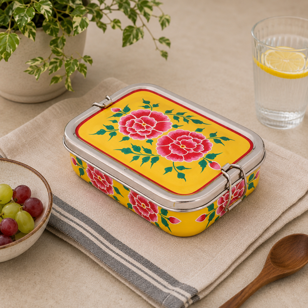 Hand Painted Steel Bento Box: Yellow Floral Tiffin, Lunch Box