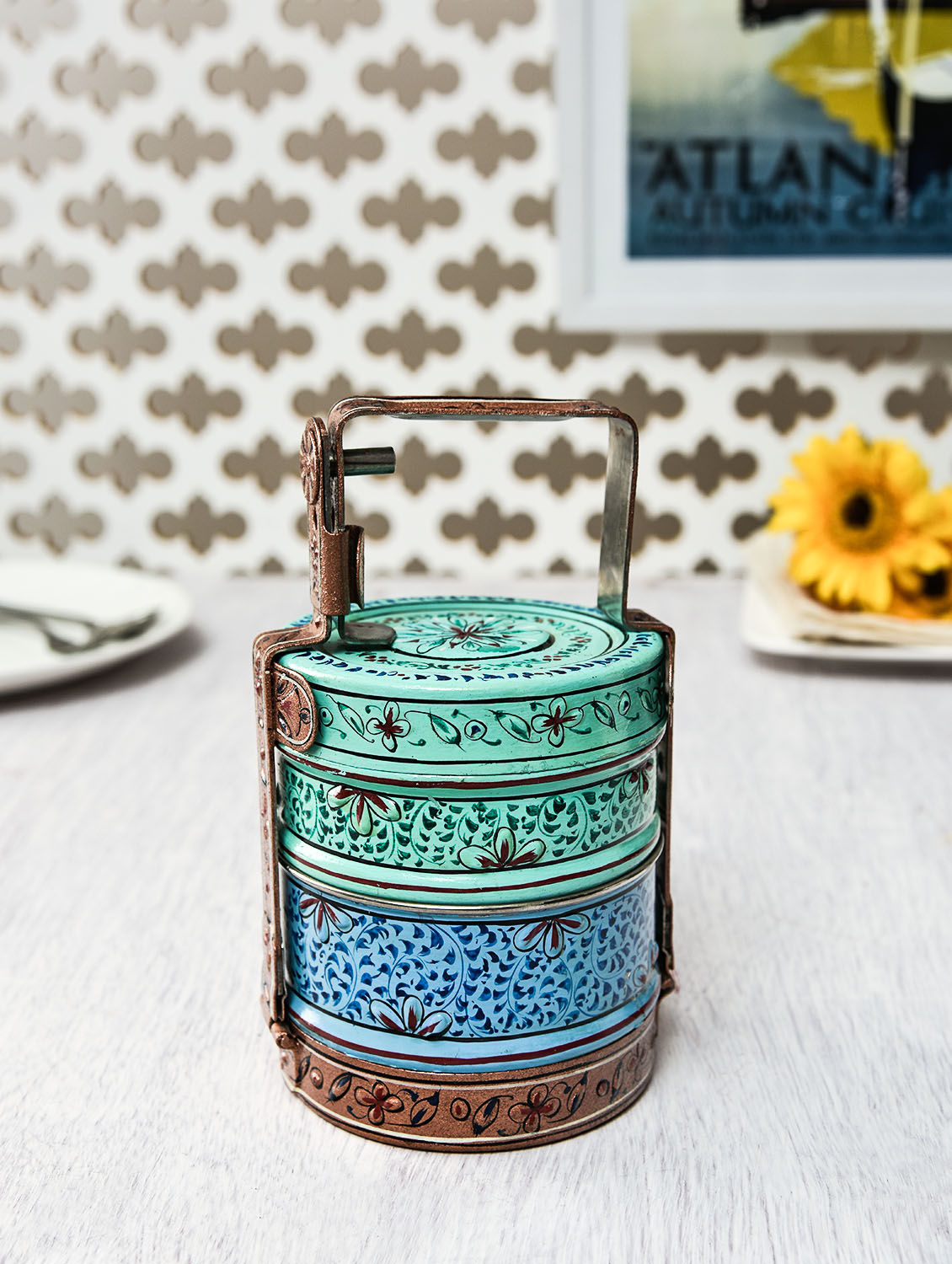 Hand Painted Steel Straight Tiffin- 2 Container Lunch Carrier