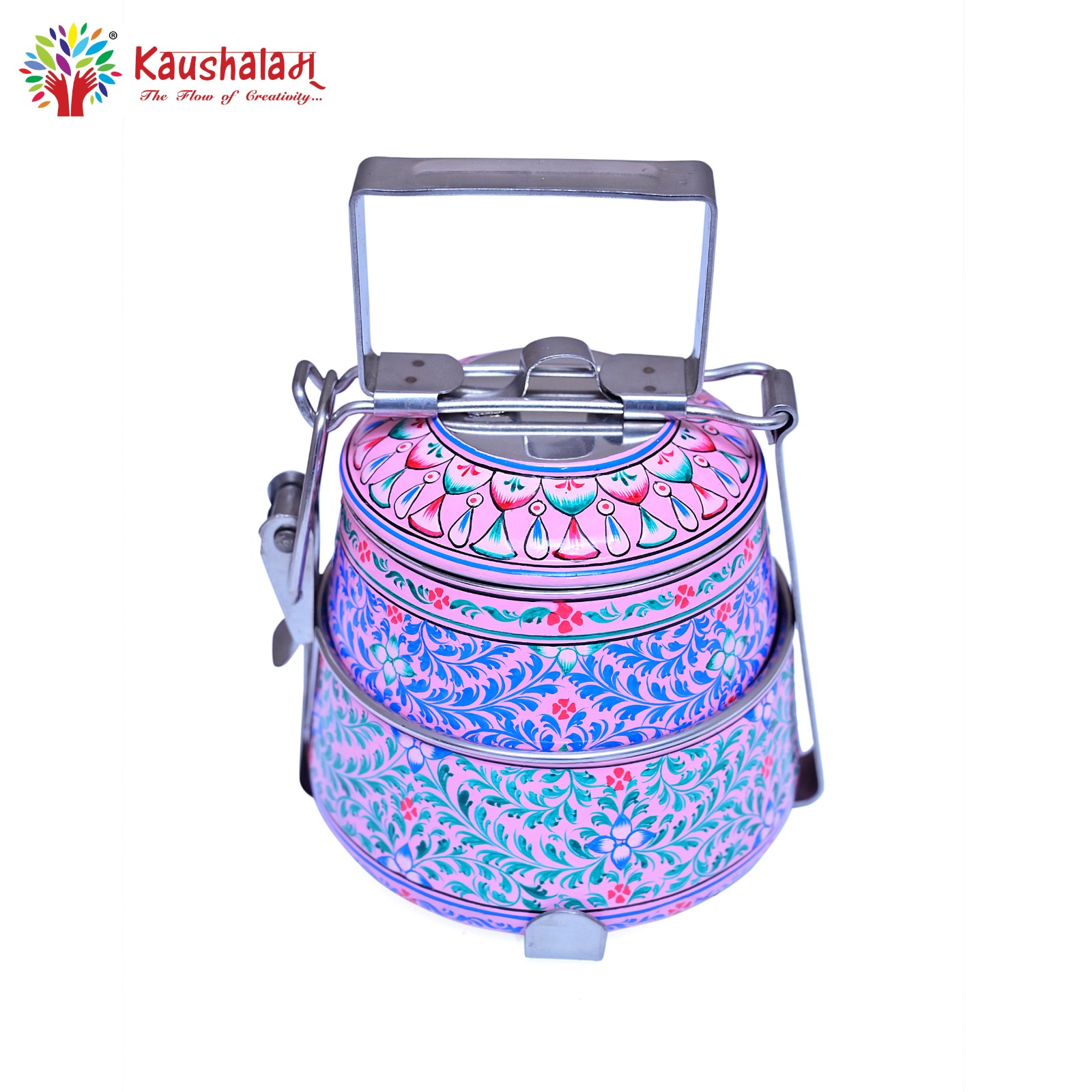 Hand Painted 2  Tier Steel Lunch Box- Pink leaf Mughal Pattern