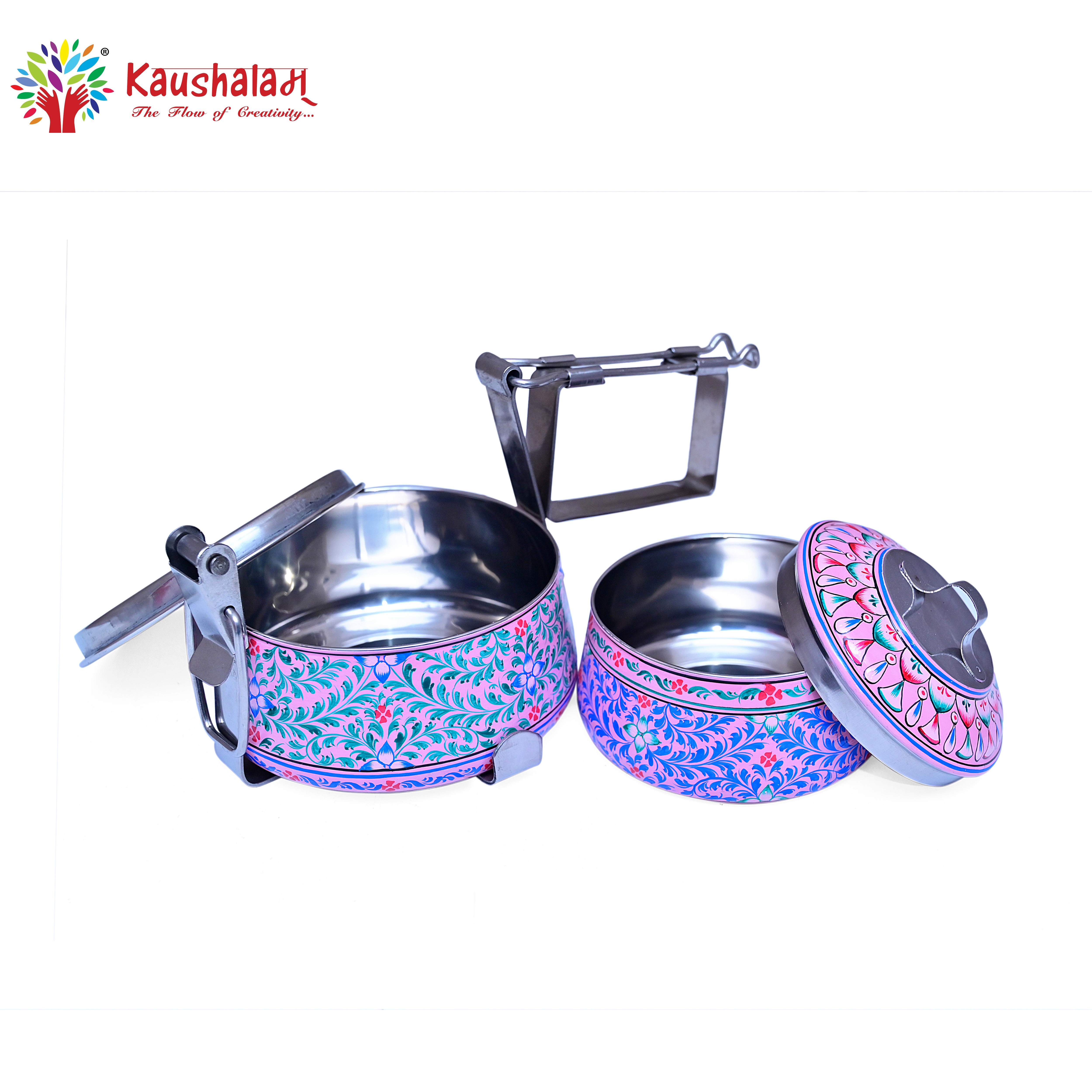 Hand Painted 2  Tier Steel Lunch Box- Pink leaf Mughal Pattern