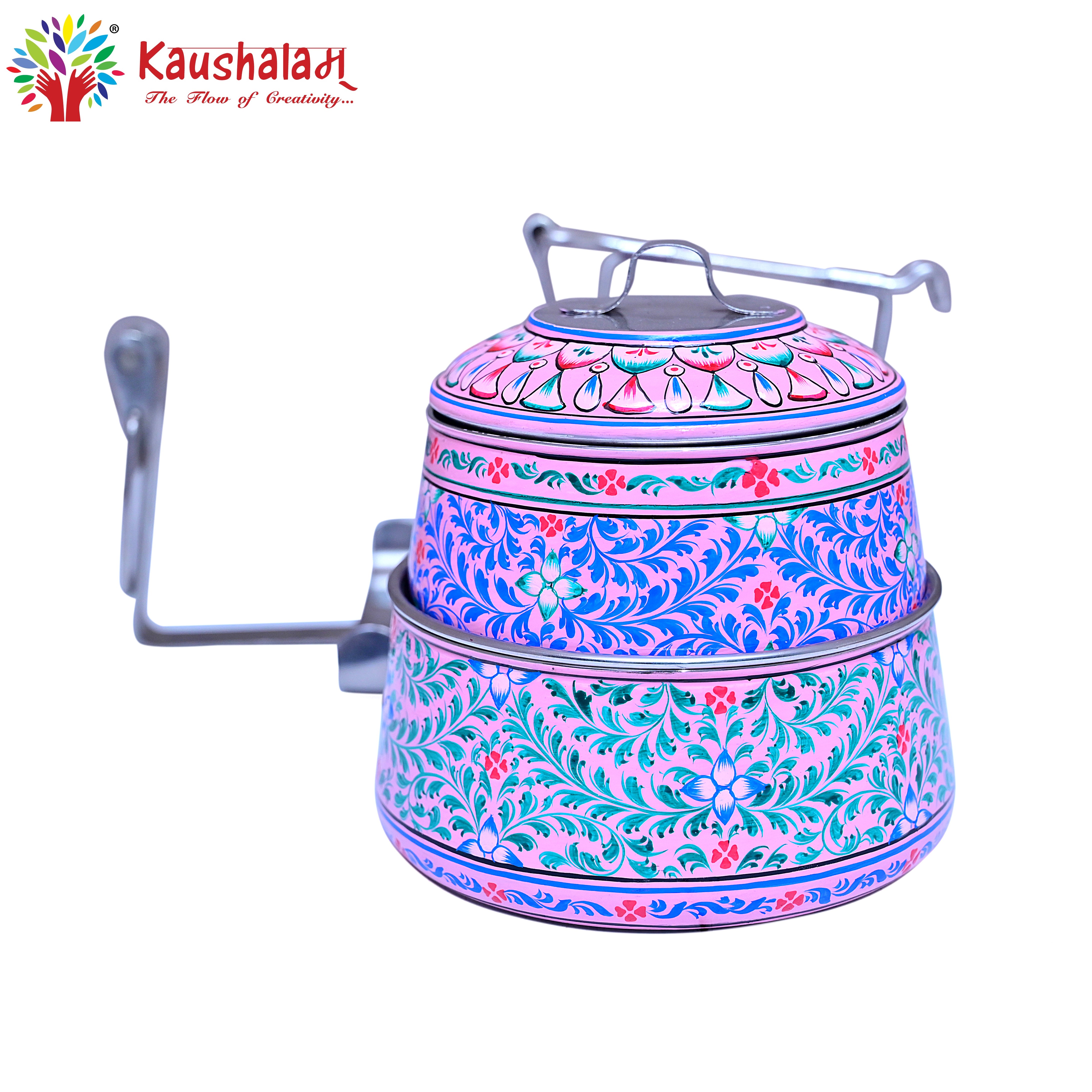 Hand Painted 2  Tier Steel Lunch Box- Pink leaf Mughal Pattern