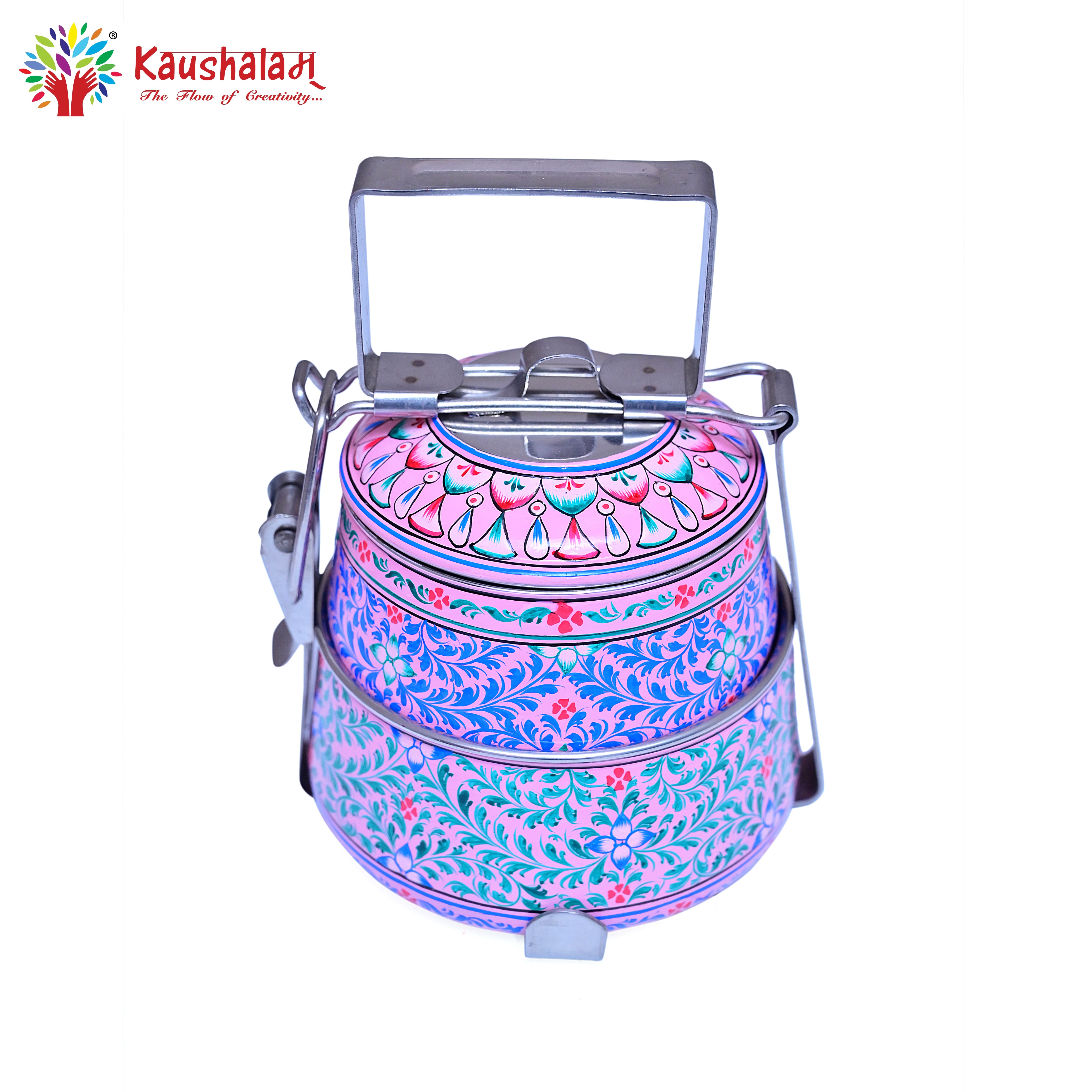 Hand Painted 2  Tier Steel Lunch Box- Pink leaf Mughal Pattern