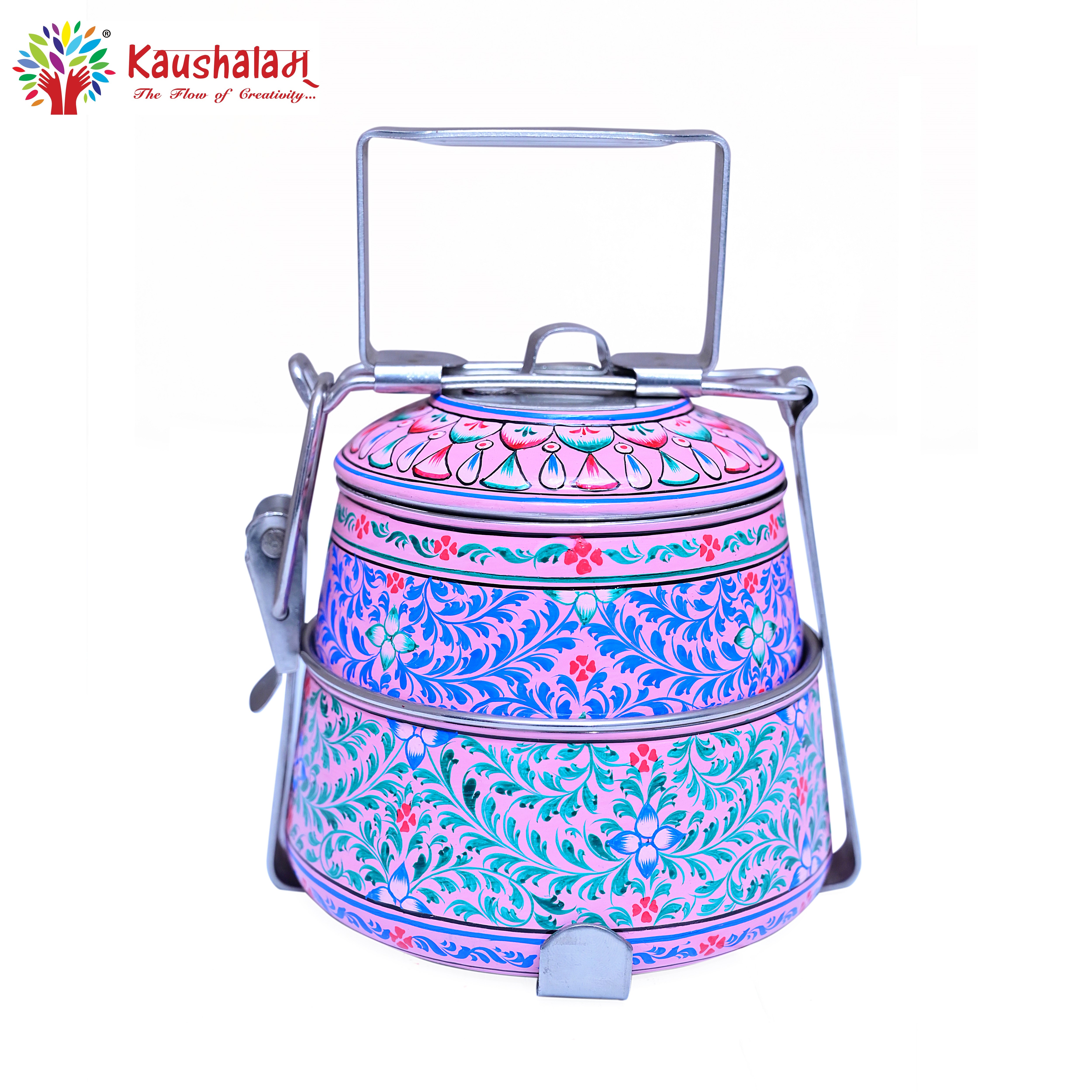 Hand Painted 2  Tier Steel Lunch Box- Pink leaf Mughal Pattern