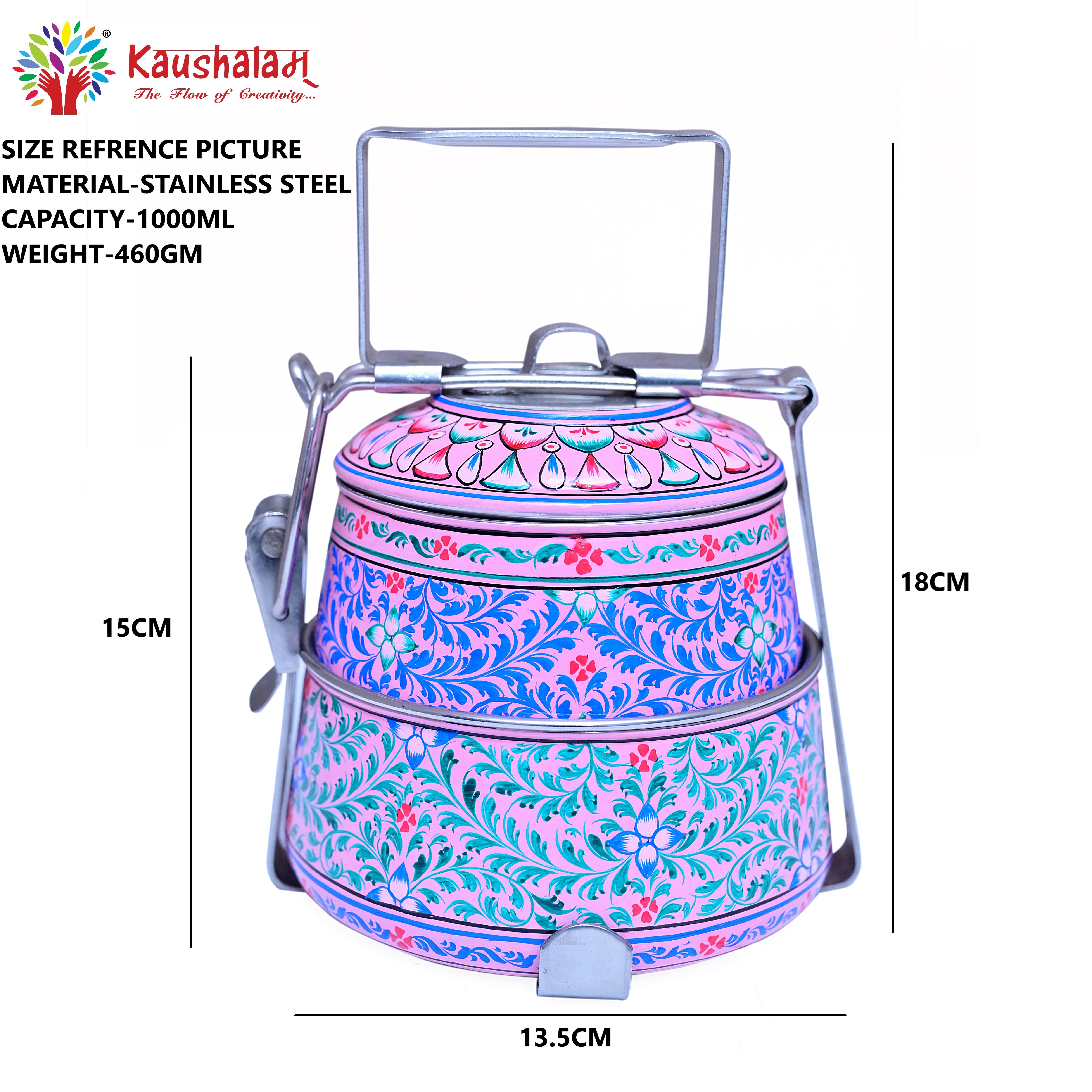 Hand Painted 2  Tier Steel Lunch Box- Pink leaf Mughal Pattern