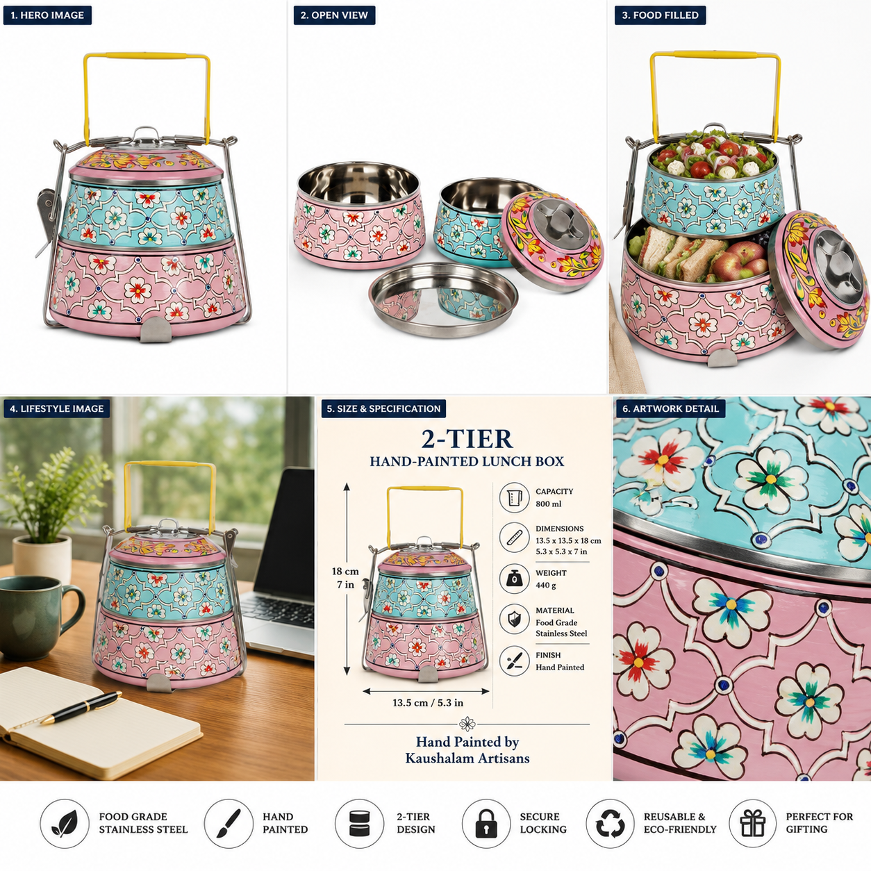Hand Painted 2  Tier Steel Lunch Box- Habibi Lunch Box
