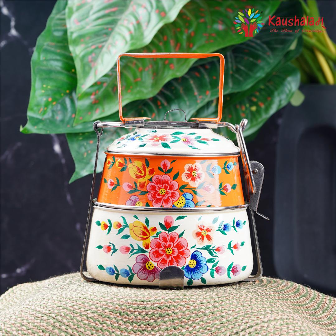 Hand Painted 2  Tier Steel Lunch Box- White & Peach Lunch Box Hand Painted 2  Tier Steel Lunch Box- White & Peach Lunch Box