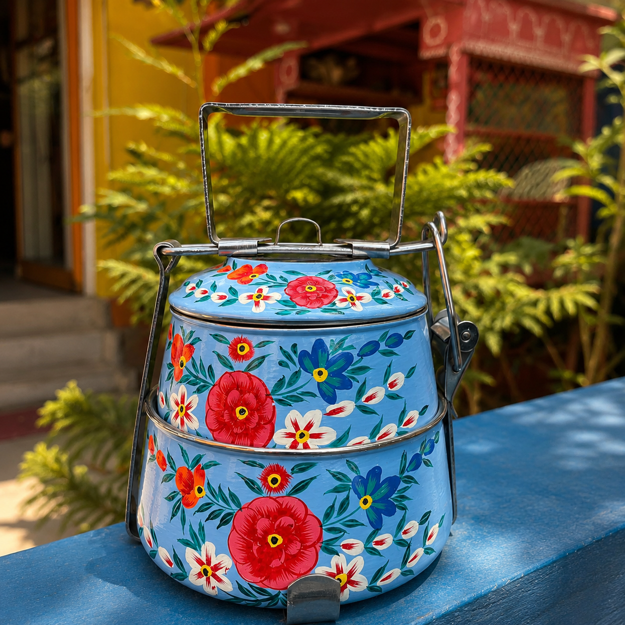 Hand Painted 2  Tier Steel Lunch Box- Blue Floral Lunch Box