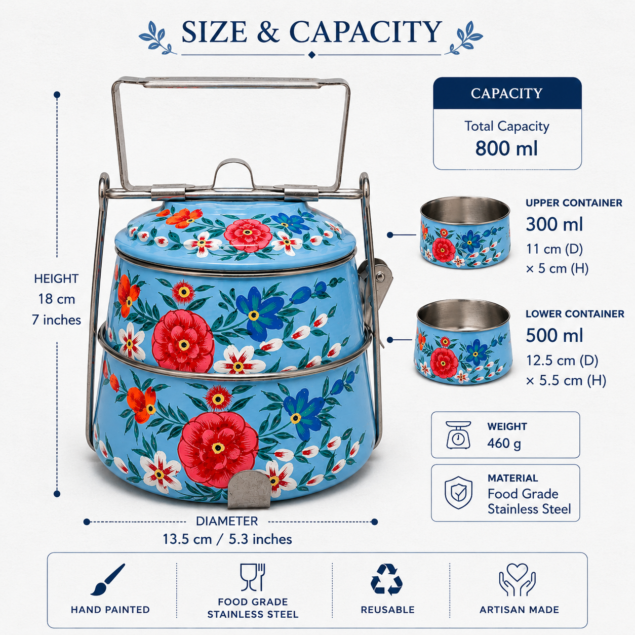 Neel Pushp (Blue Blossom) – Hand-Painted 2-Tier Pyramid Lunch Box