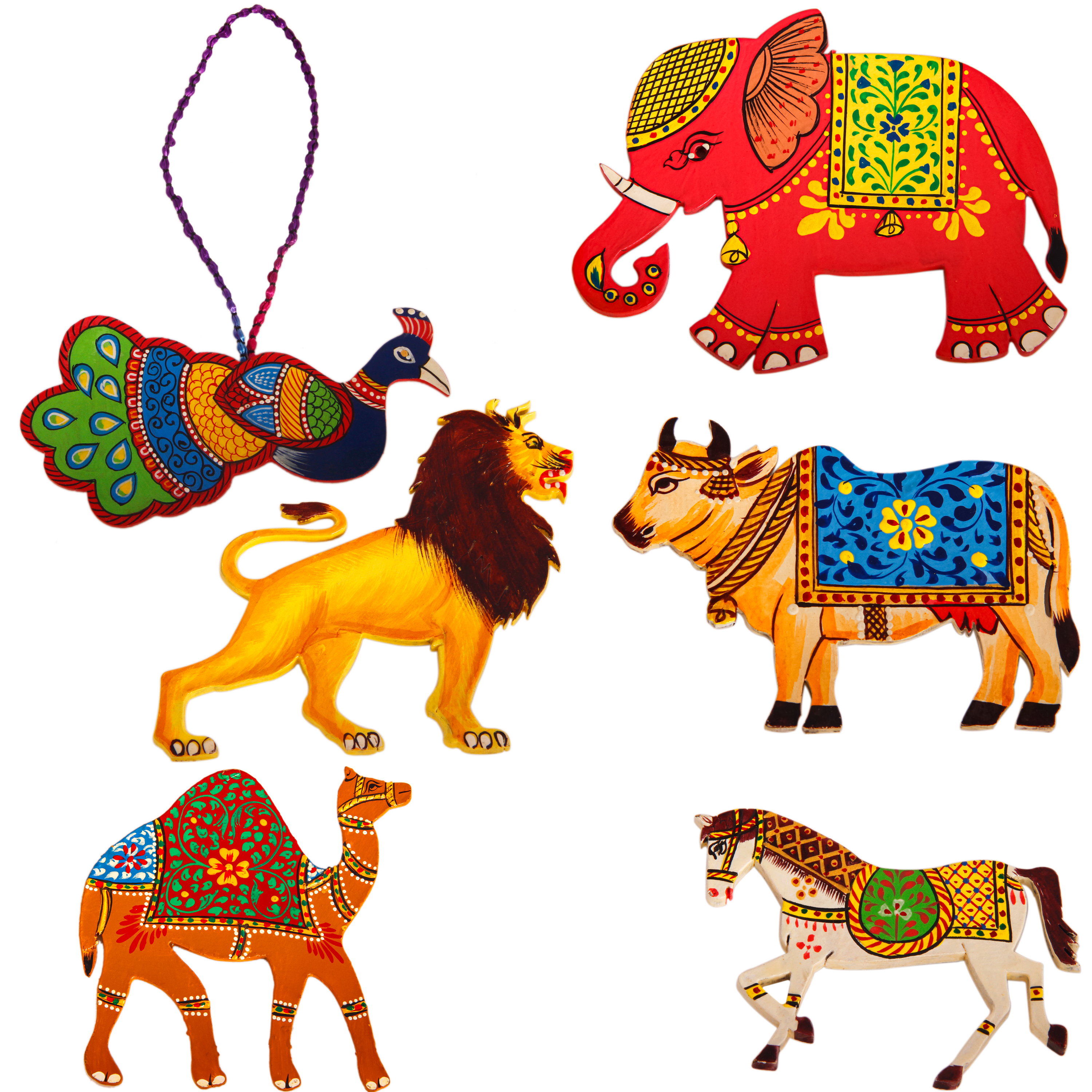Hand painted Christmas ornaments set of 7 pcs: Peacock, Elephant, Horse, Indian Lady, Cow, Camel & Lion, Indian souvenir, Christmas Gift Hand painted Christmas ornaments set of 7 pcs: Peacock, Elephant, Horse, Indian Lady, Cow, Camel & Lion, Indian souvenir, Christmas Gift