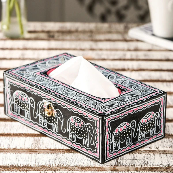 Hand Painted Wooden Tissue Box : Elephant