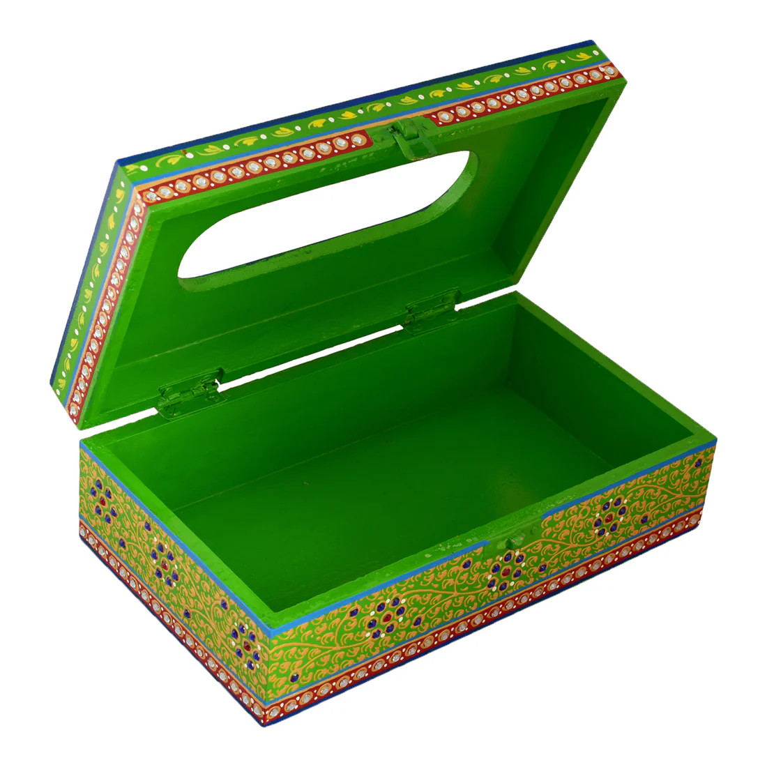 Hand Painted Wooden Tissue Box - Green Mughal Art