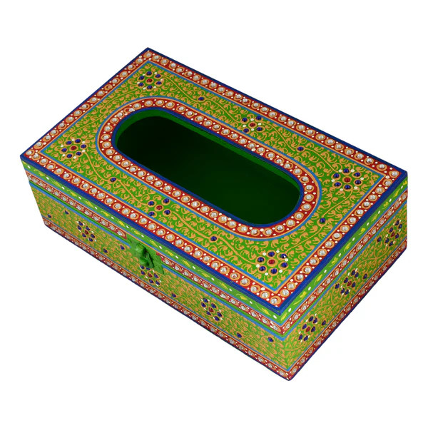 Hand Painted Wooden Tissue Box - Green Mughal Art