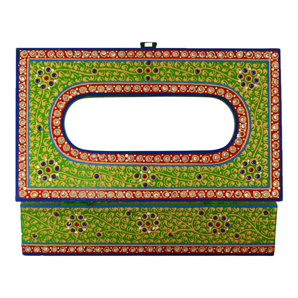 Hand Painted Wooden Tissue Box - Green Mughal Art