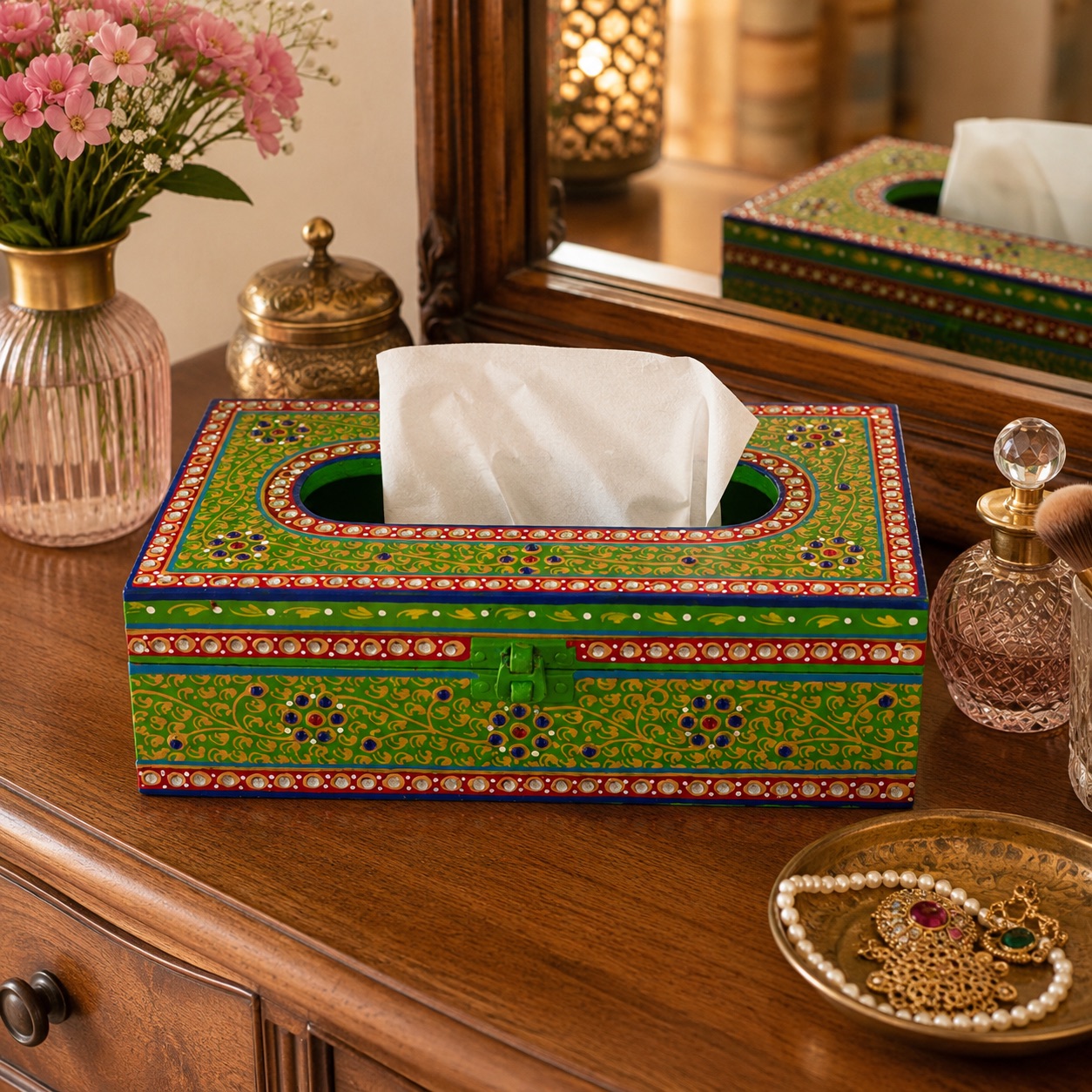 Hand Painted Wooden Tissue Box - Green Mughal Art