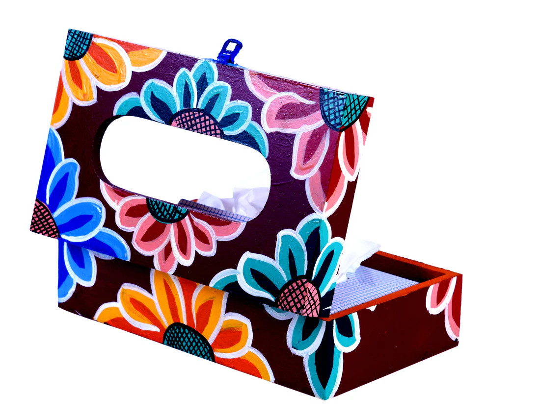Hand Painted Wooden Tissue Box - Floral Buddhist Art