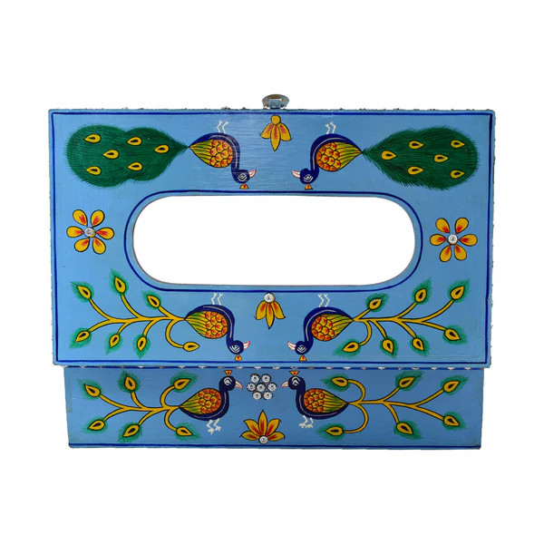 Hand Painted Wooden Tissue Box - Peacock Mughal Art