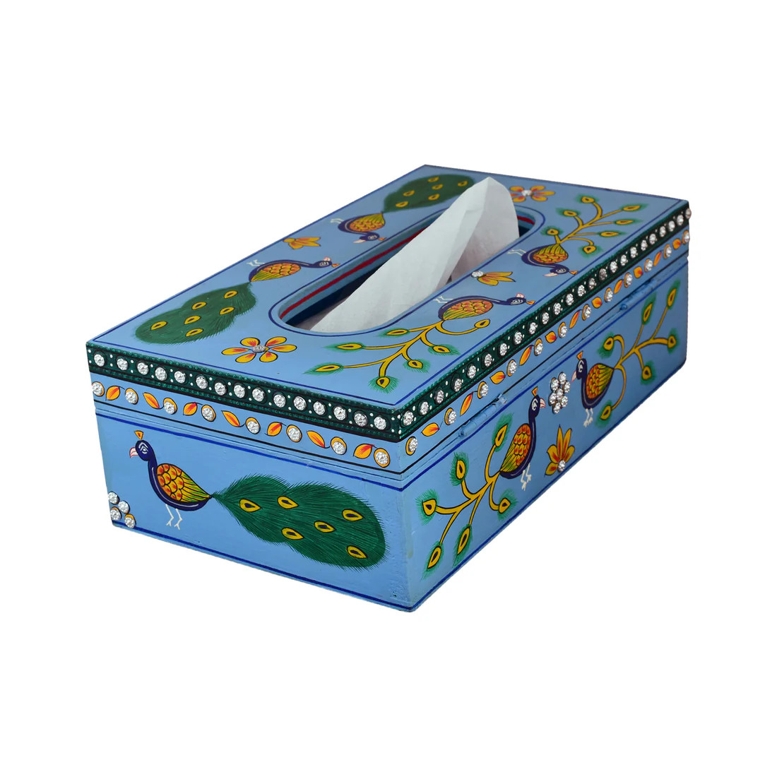 Hand Painted Wooden Tissue Box - Peacock Mughal Art