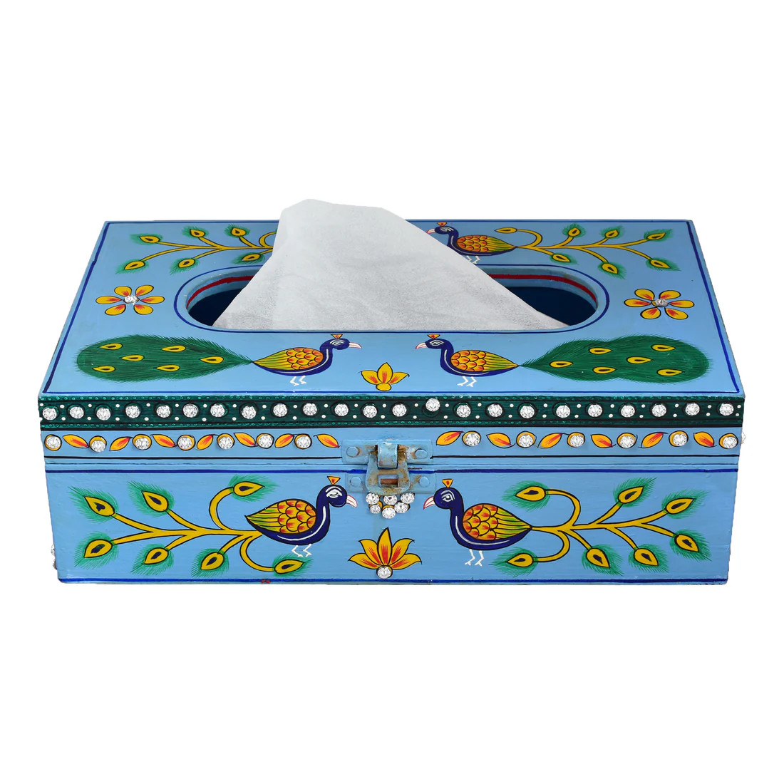 Hand Painted Wooden Tissue Box - Peacock Mughal Art Hand Painted Wooden Tissue Box - Peacock Mughal Art